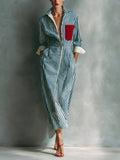 Women's Blue And White Striped Shirt Dress With Red Chest Pockets