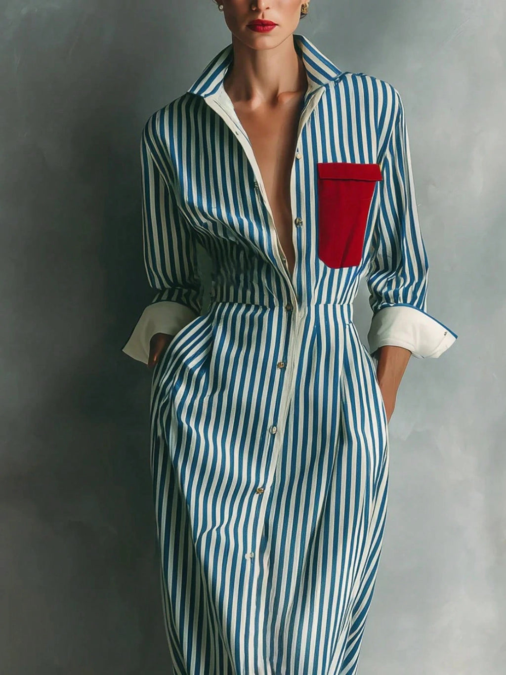 Women's Blue And White Striped Shirt Dress With Red Chest Pockets