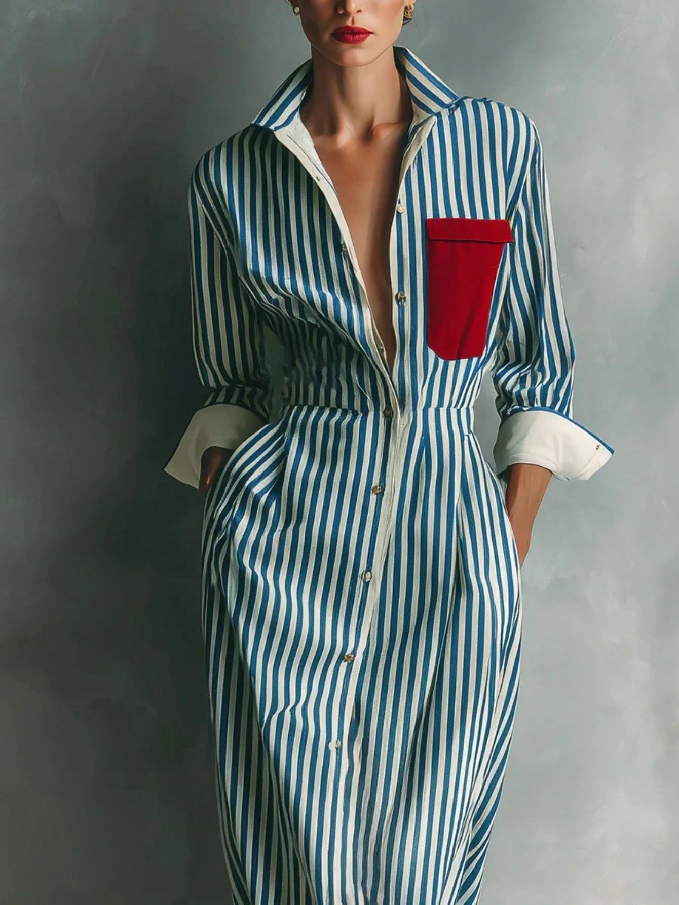 Women's Blue And White Striped Shirt Dress With Red Chest Pockets