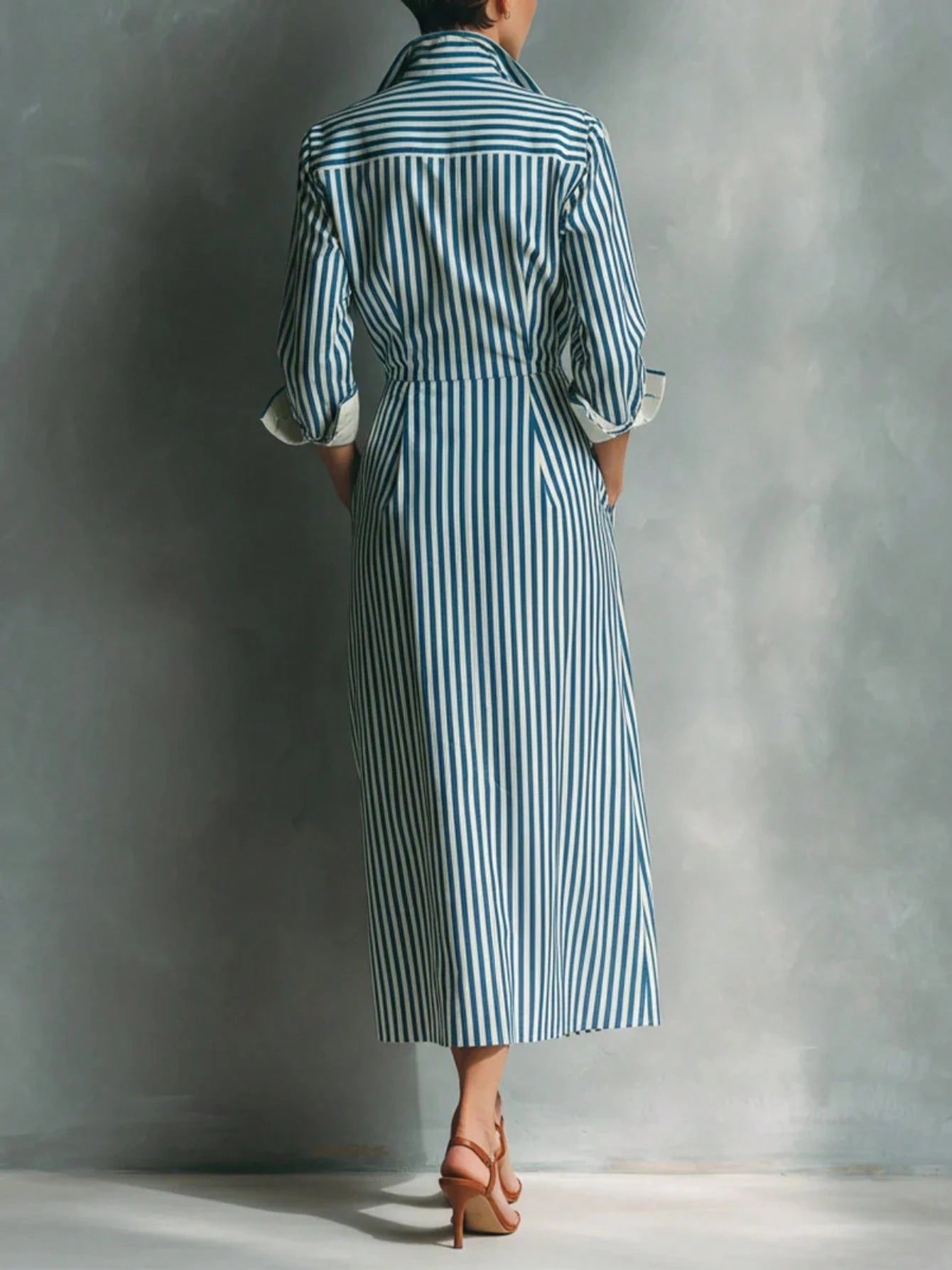 Women's Blue And White Striped Shirt Dress With Red Chest Pockets