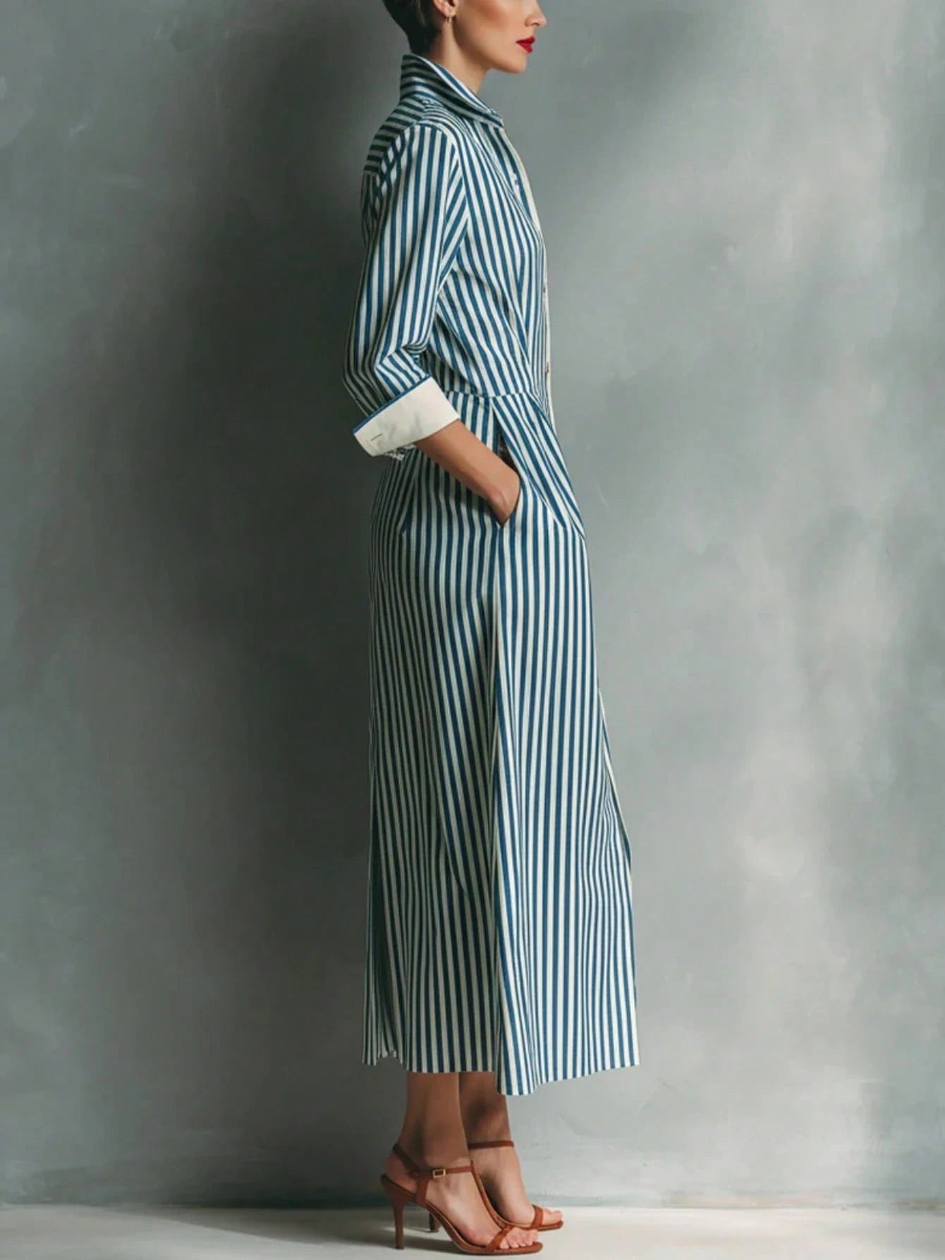 Women's Blue And White Striped Shirt Dress With Red Chest Pockets
