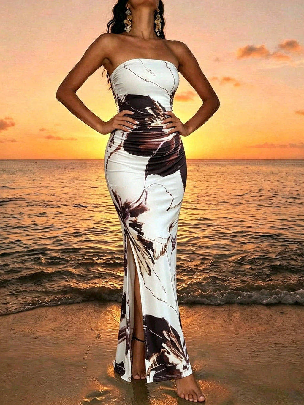 Rafferiza Women Summer Strapless Long Skirt Elegant Black And Silver