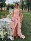 Enchnt Women's Baby Pink Summer Elegant Dinner Long Dress,Strapless
