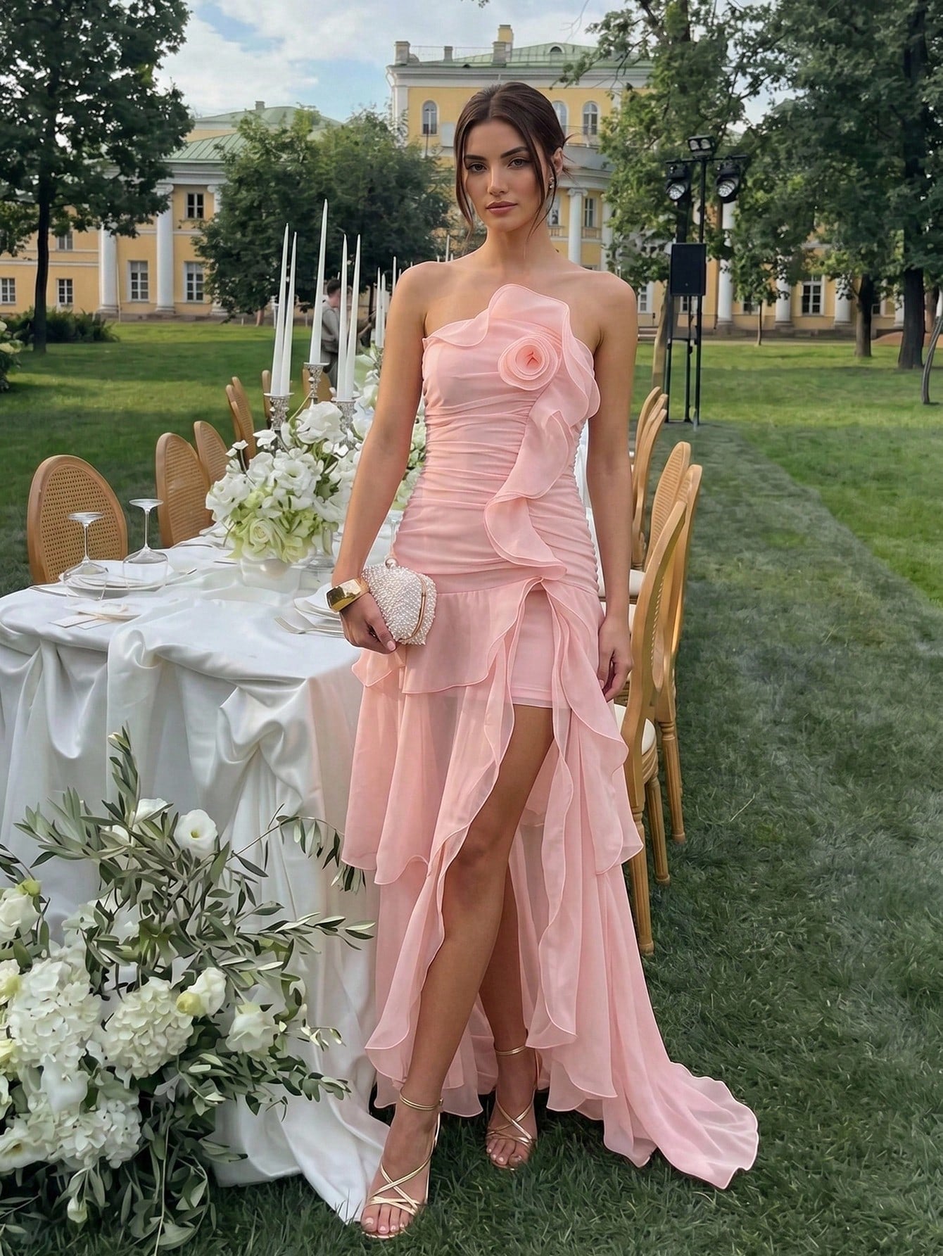 Enchnt Women's Baby Pink Summer Elegant Dinner Long Dress,Strapless 3D Floral Ruffles Prom Dress,Luxury