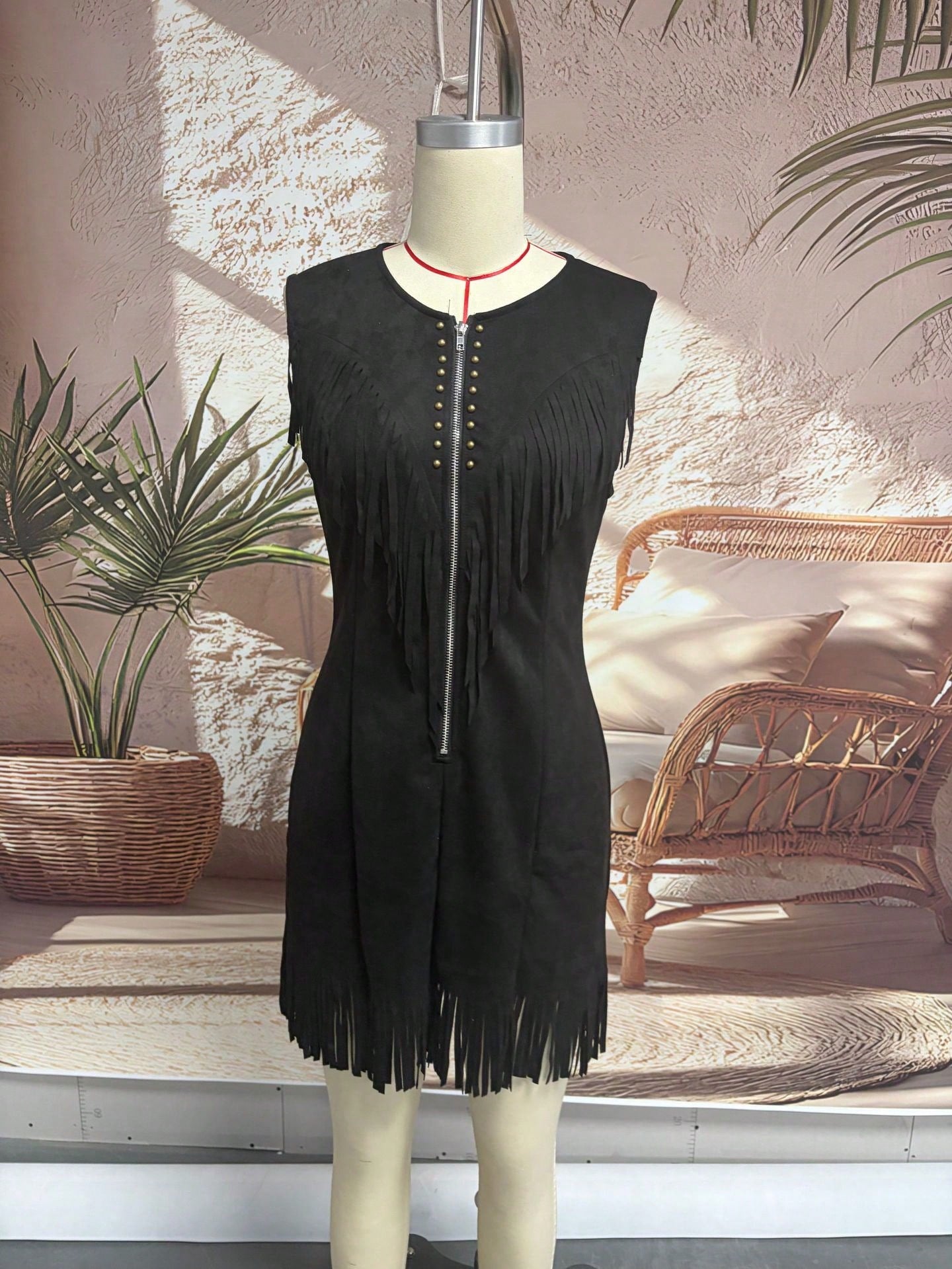 Sleeveless Lapel Fringe Mini Dress, Front Zipper Rivet Trim Slim