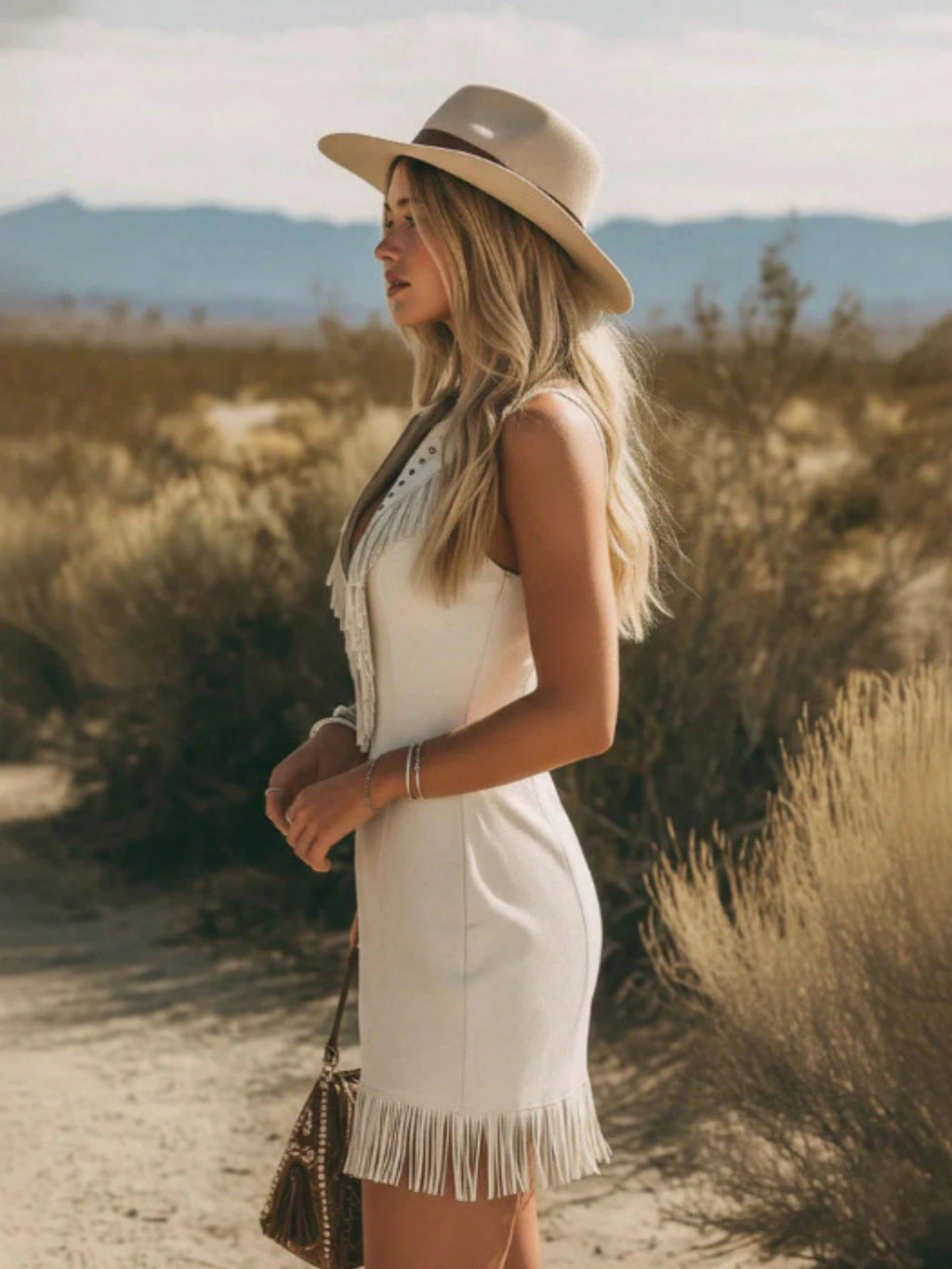 Sleeveless Lapel Fringe Mini Dress, Front Zipper Rivet Trim Slim