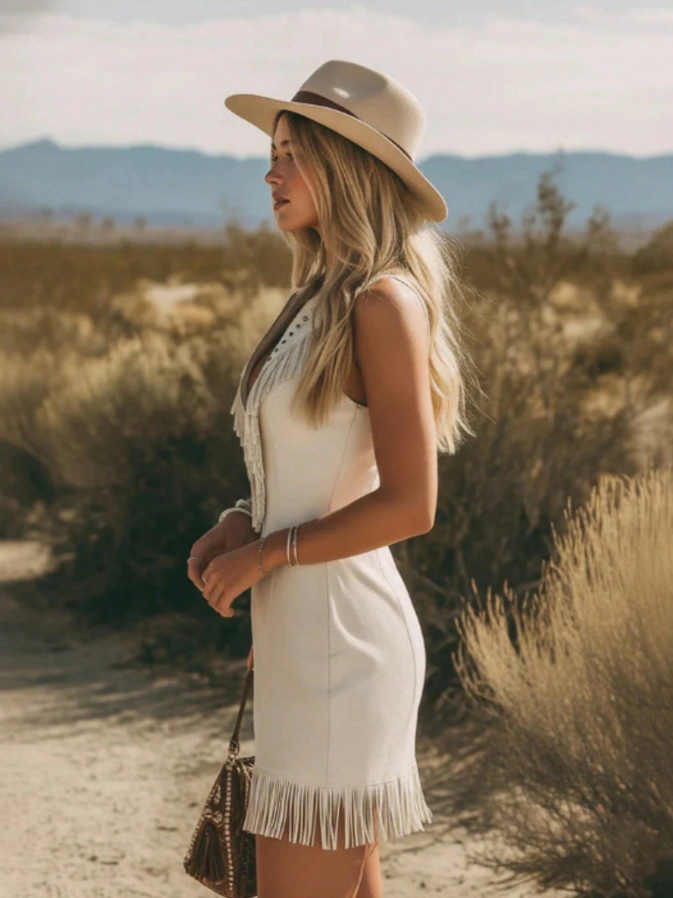 Sleeveless Lapel Fringe Mini Dress, Front Zipper Rivet Trim Slim