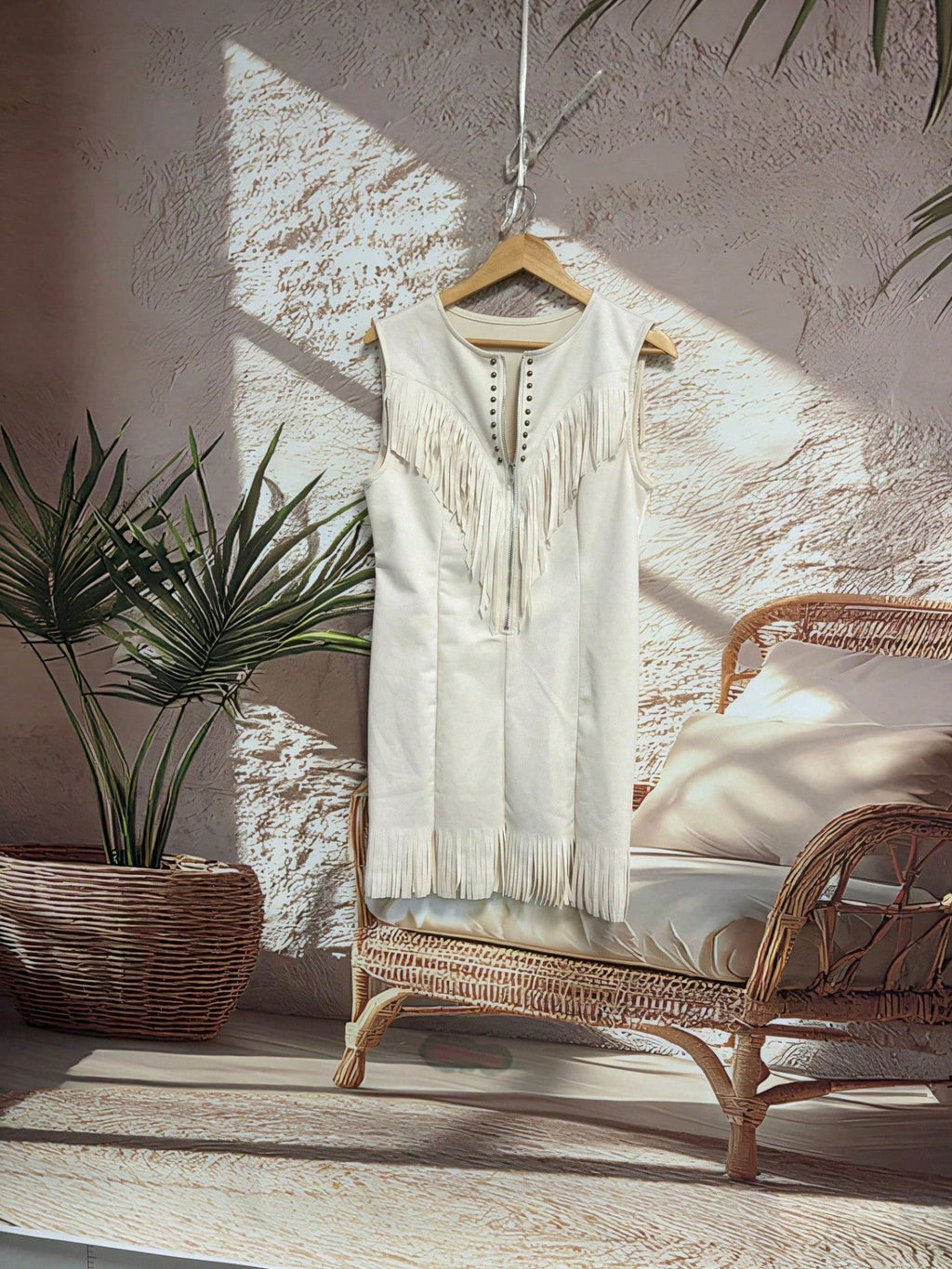 Sleeveless Lapel Fringe Mini Dress, Front Zipper Rivet Trim Slim