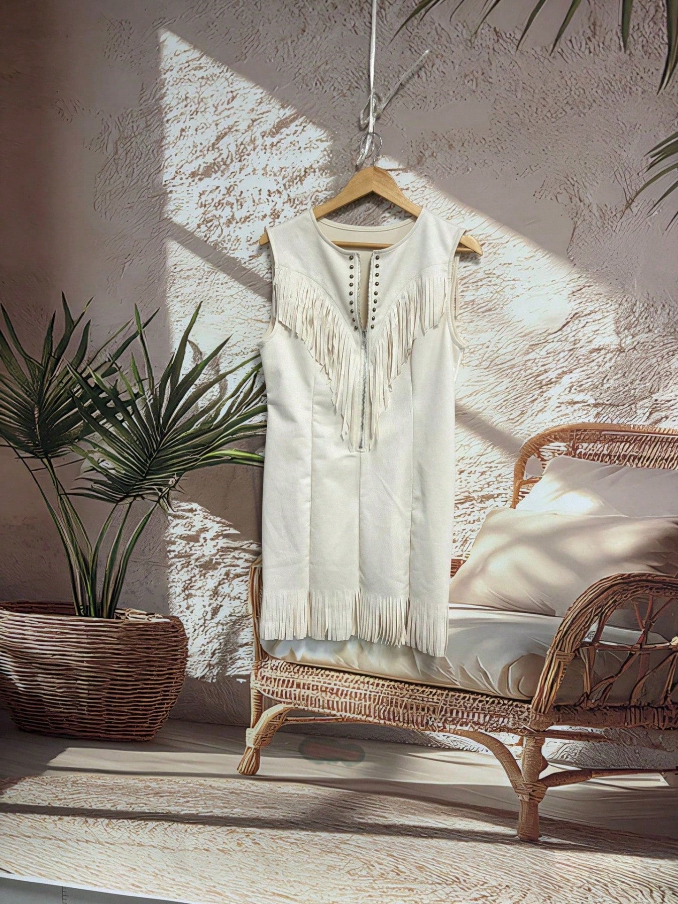 Sleeveless Lapel Fringe Mini Dress, Front Zipper Rivet Trim Slim