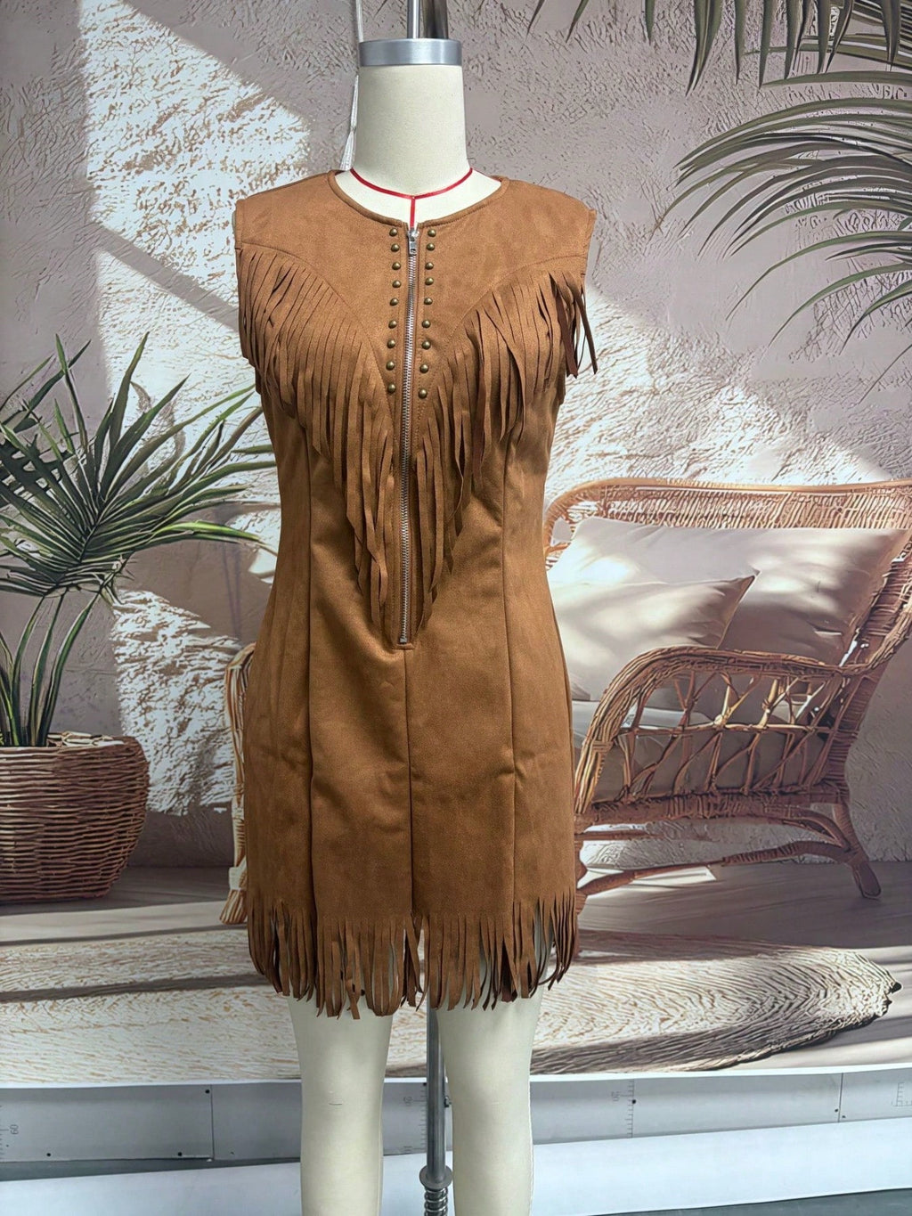 Sleeveless Lapel Fringe Mini Dress, Front Zipper Rivet Trim Slim