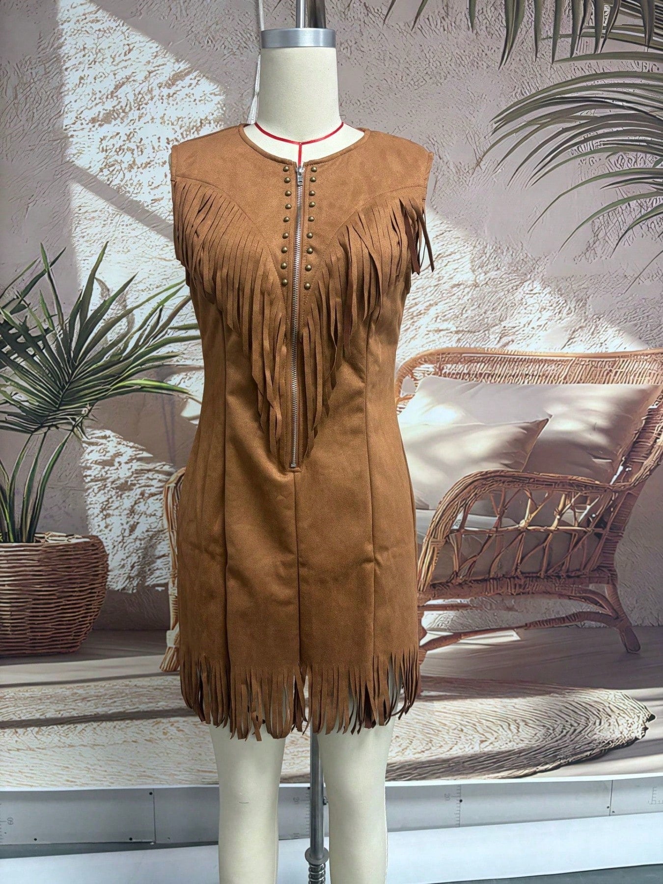 Sleeveless Lapel Fringe Mini Dress, Front Zipper Rivet Trim Slim