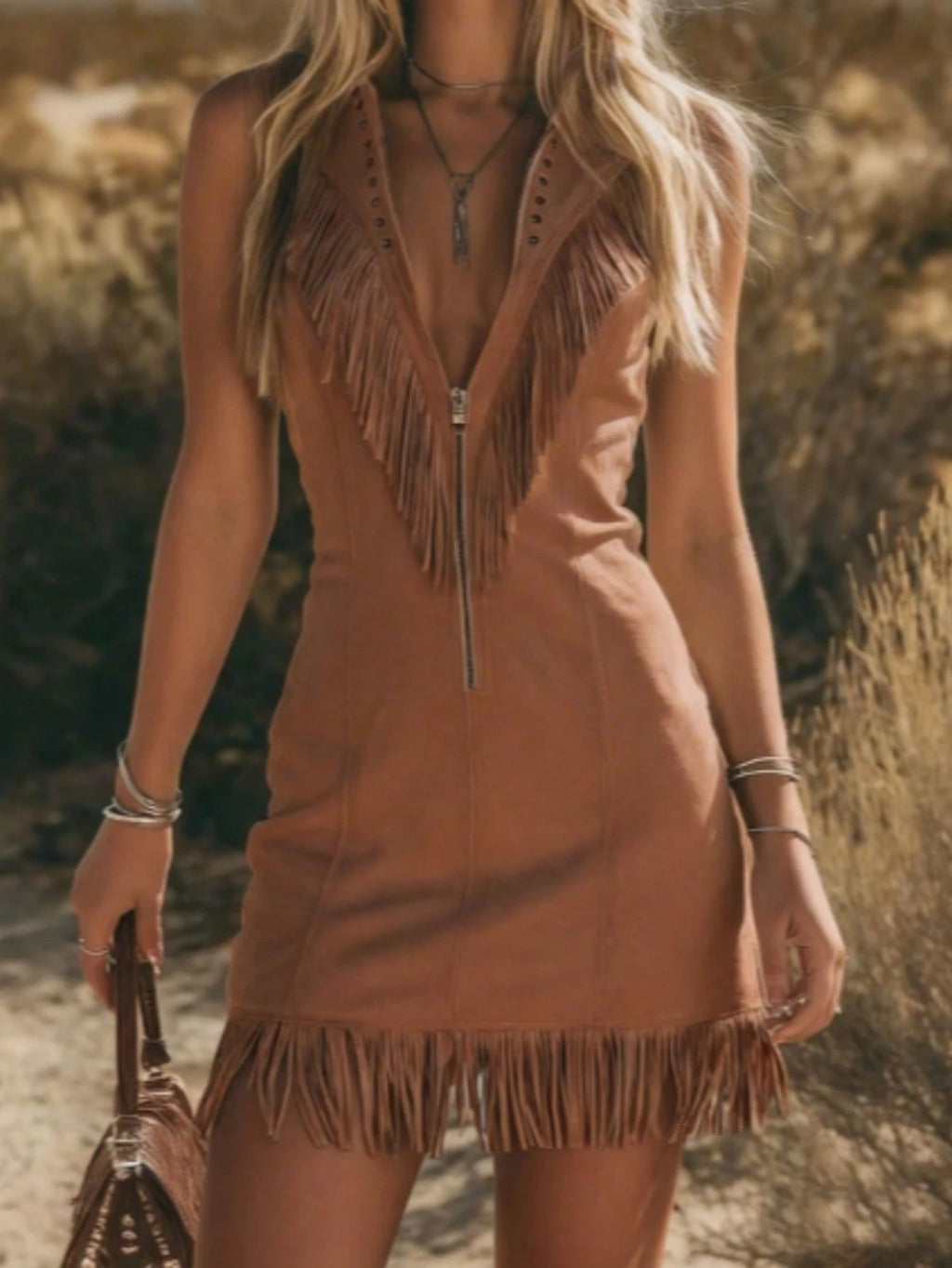Sleeveless Lapel Fringe Mini Dress, Front Zipper Rivet Trim Slim
