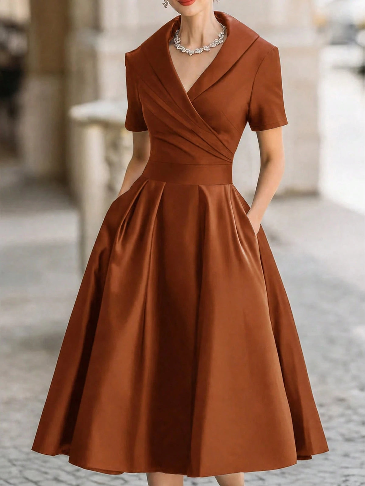 European And American Style French Elegant Fashion Turndown Collar Short Sleeve Shirt Dress, Sexy Deep V-Neck - image 19