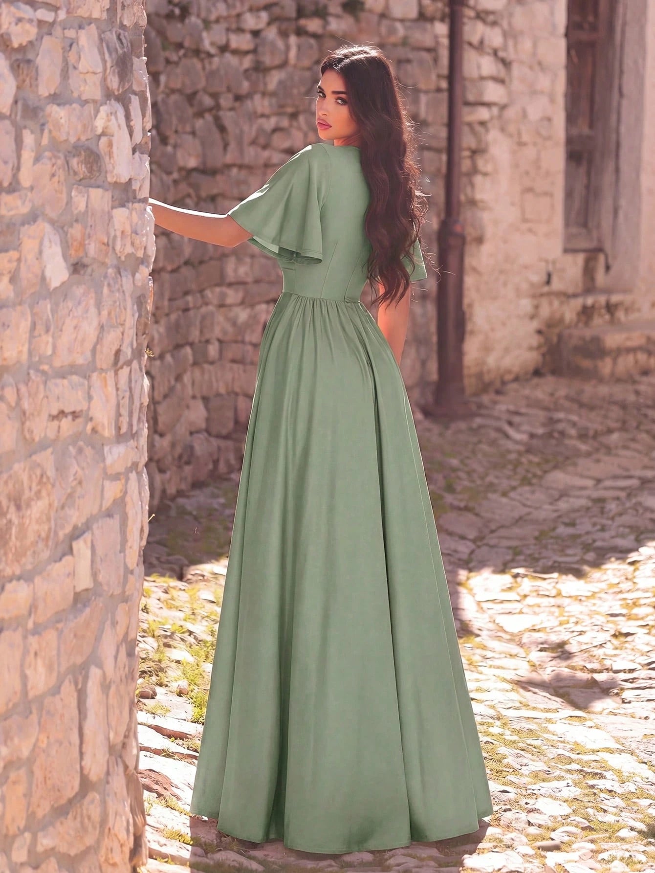 Faeriesty Elegant V-Neck Dress With Flowing Sleeves, Cinched Waist And High Slit - Suitable For Formal Summer - image 17