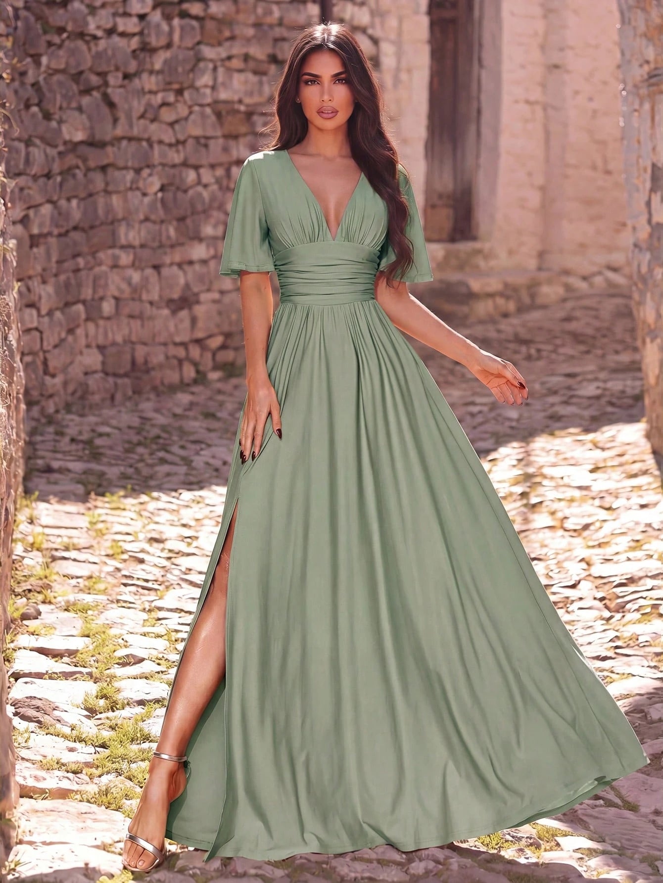 Faeriesty Elegant V-Neck Dress With Flowing Sleeves, Cinched Waist And High Slit - Suitable For Formal Summer - image 16
