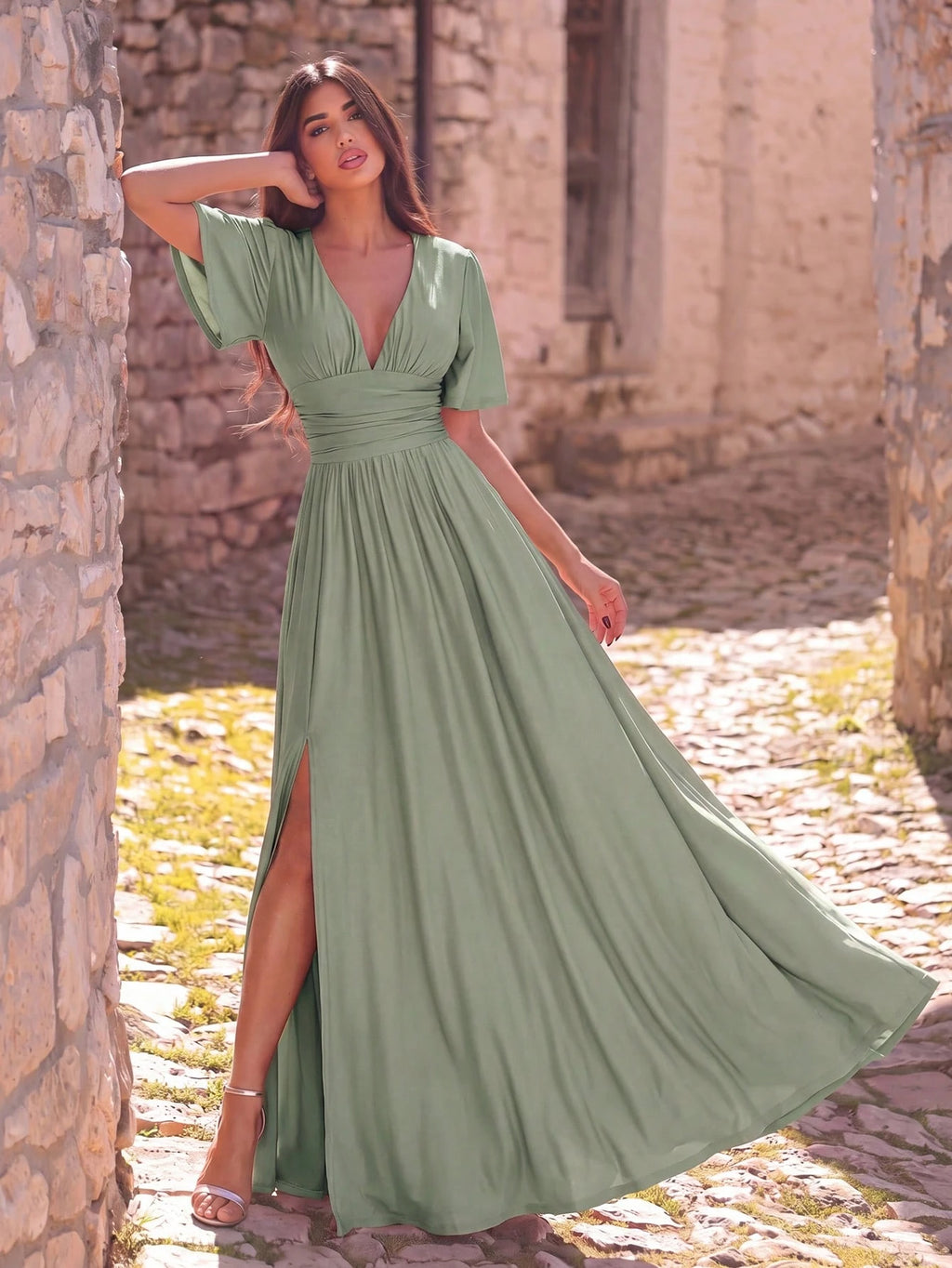 Faeriesty Elegant V-Neck Dress With Flowing Sleeves, Cinched Waist And High Slit - Suitable For Formal Summer - image 19