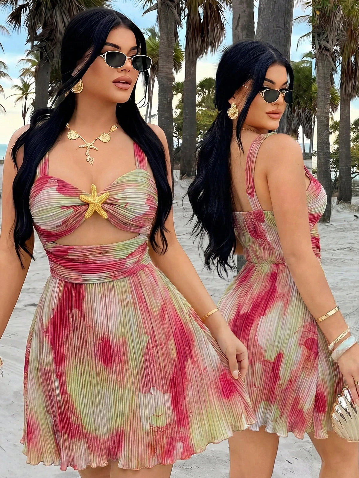 Women's Tie-Dye Metal Starfish Decor Hollow-Out Mini Dress