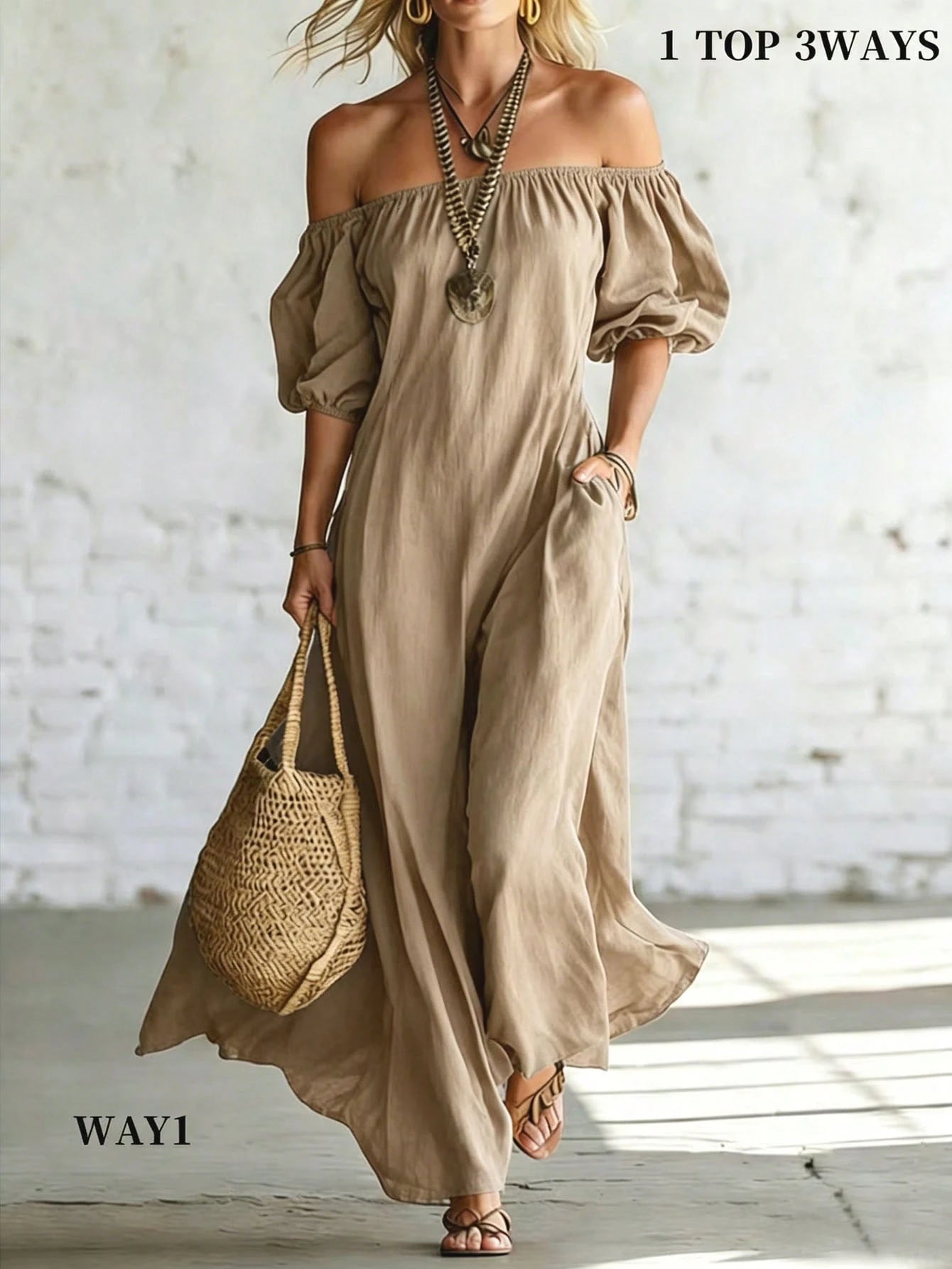 Holidaya Women's Vacation Casual Solid Color Off-Shoulder Dress