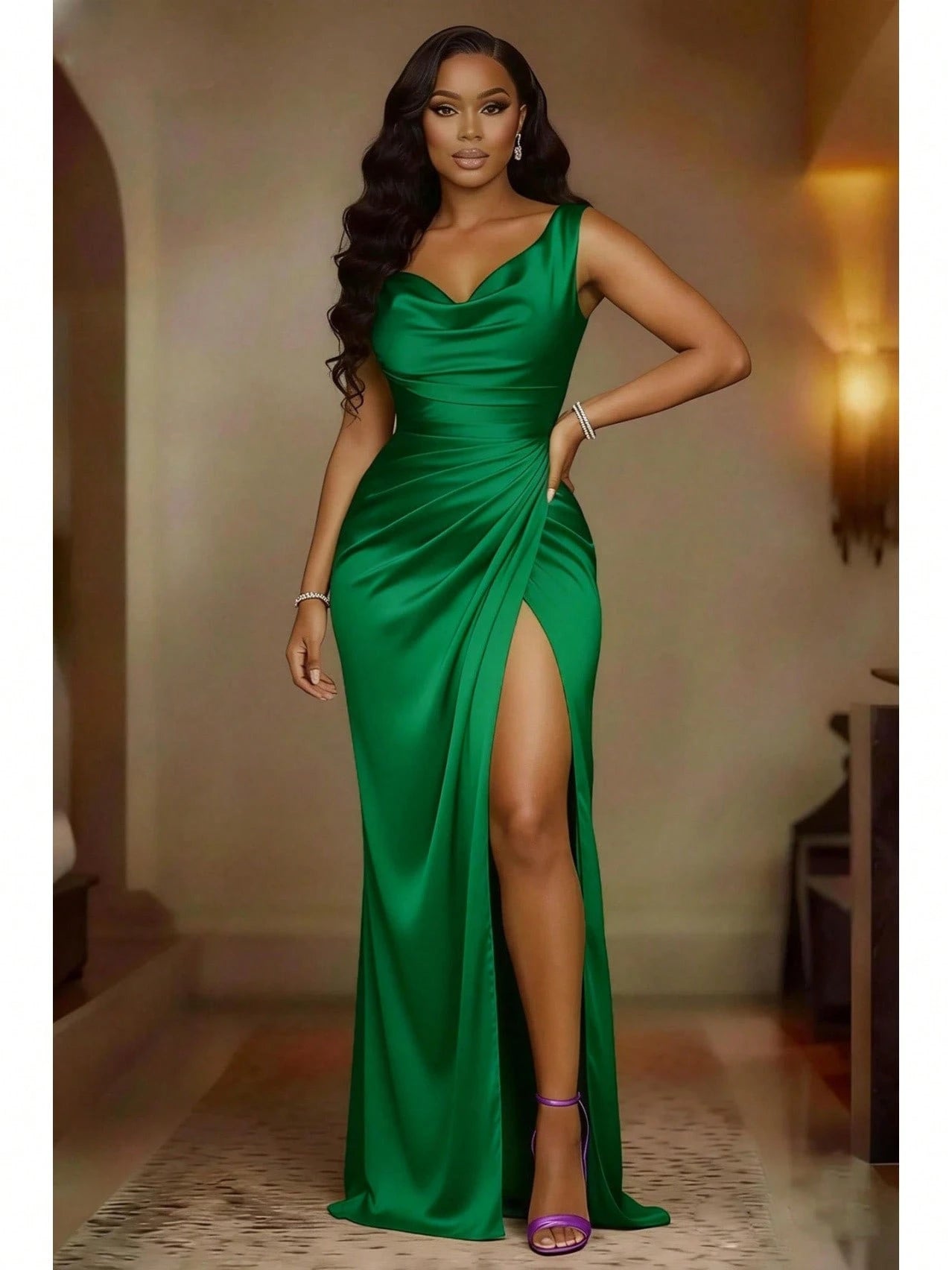 Solid Gloss Satin Maxi Gown Cowl Draped Neck Side Shirring High Slit Slim Fit Date Night Formal Outfit - image 18