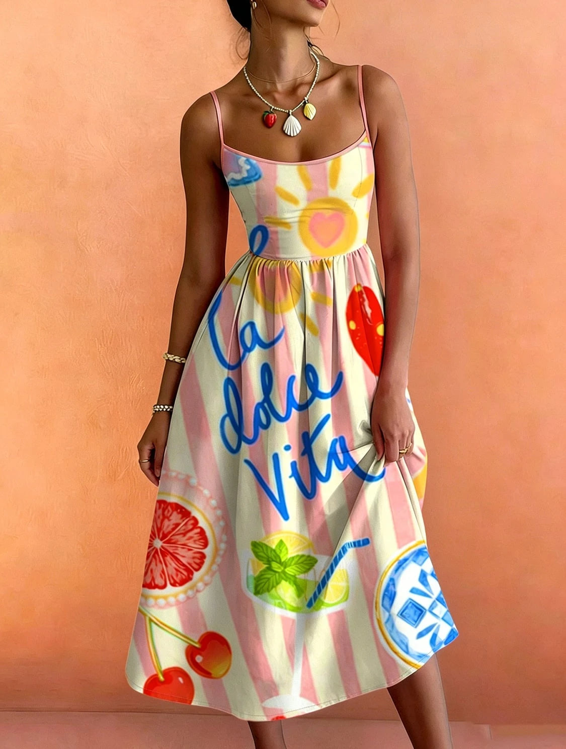French Italian Vacation Style Thin Strap Waist-Cinching Midi Dress,