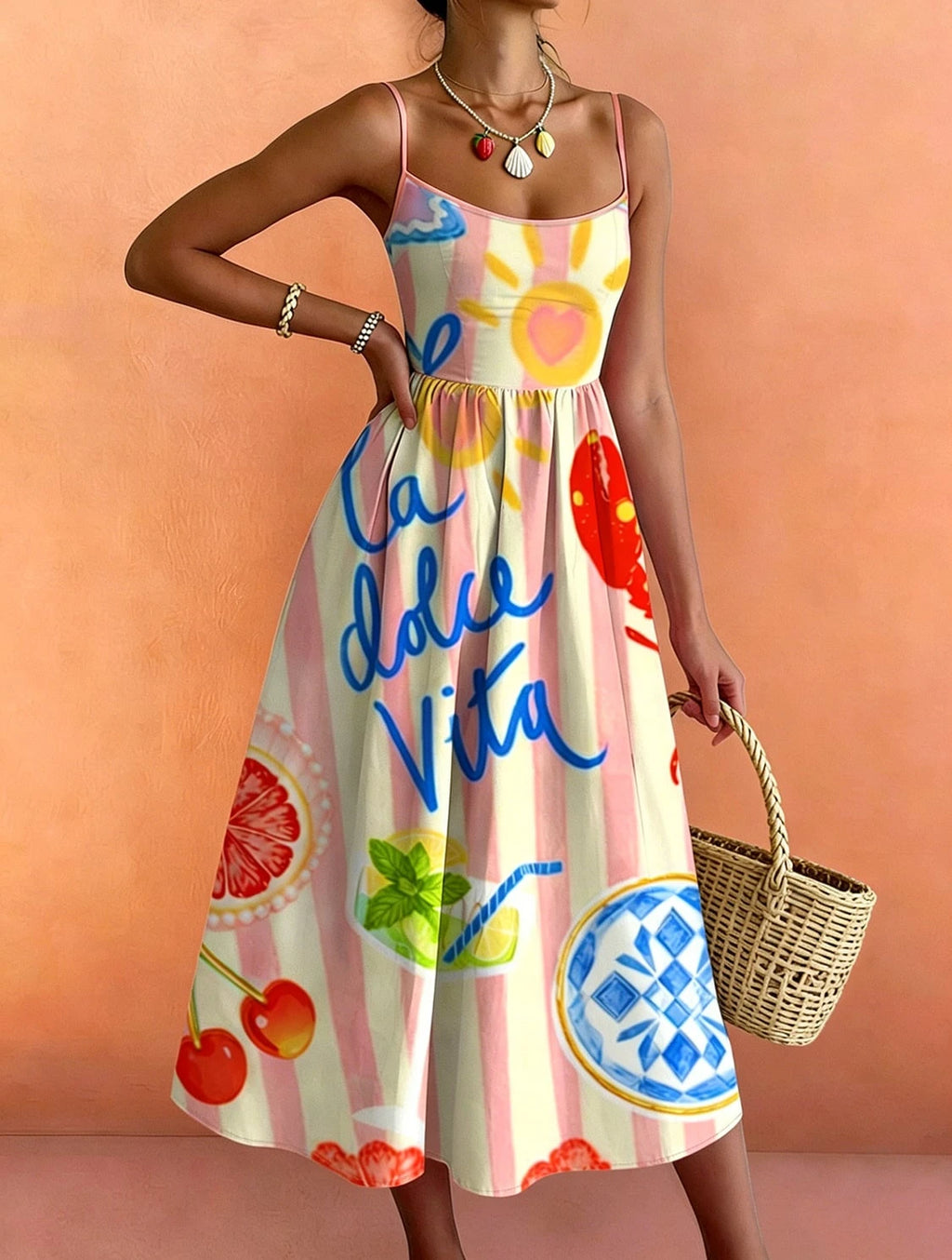 French Italian Vacation Style Thin Strap Waist-Cinching Midi Dress,