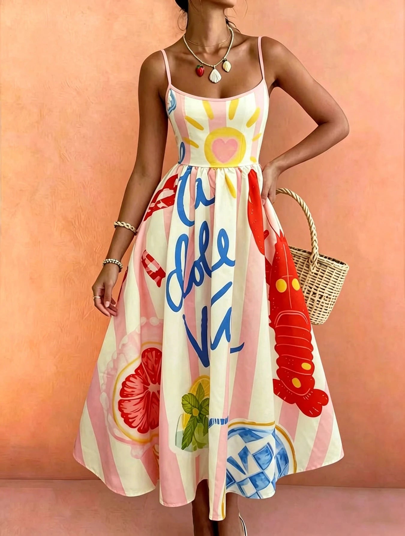 French Italian Vacation Style Thin Strap Waist-Cinching Midi Dress, Pink And White Vertical Stripes With
