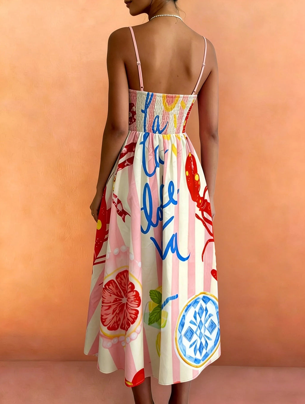 French Italian Vacation Style Thin Strap Waist-Cinching Midi Dress,