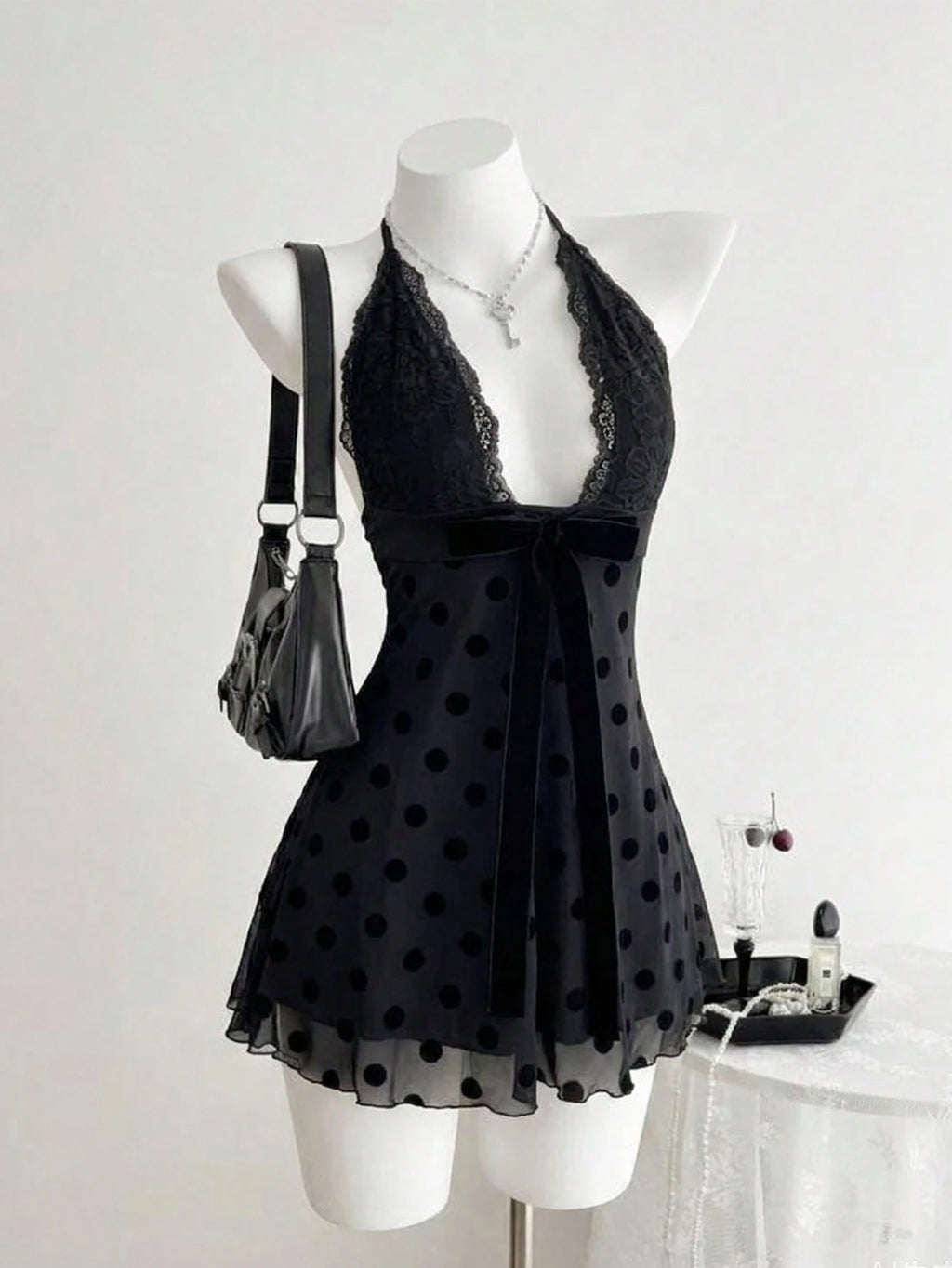 Flirla Women's Black Polka Dot Lace Patchwork Sexy V-Neck Fitted Mini