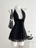 Flirla Women's Black Polka Dot Lace Patchwork Sexy V-Neck Fitted Mini