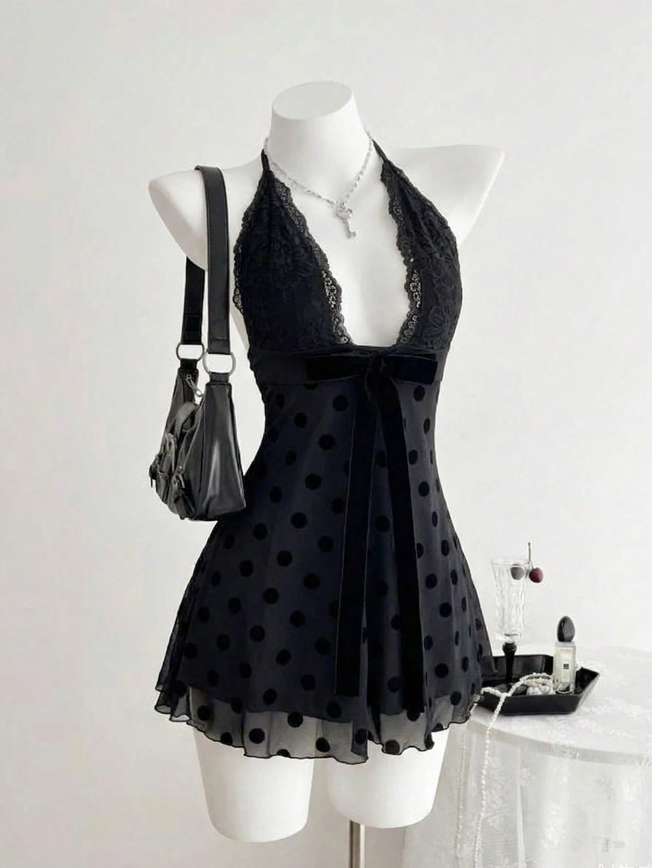 Flirla Women's Black Polka Dot Lace Patchwork Sexy V-Neck Fitted Mini Cocktail Dress, Summer
