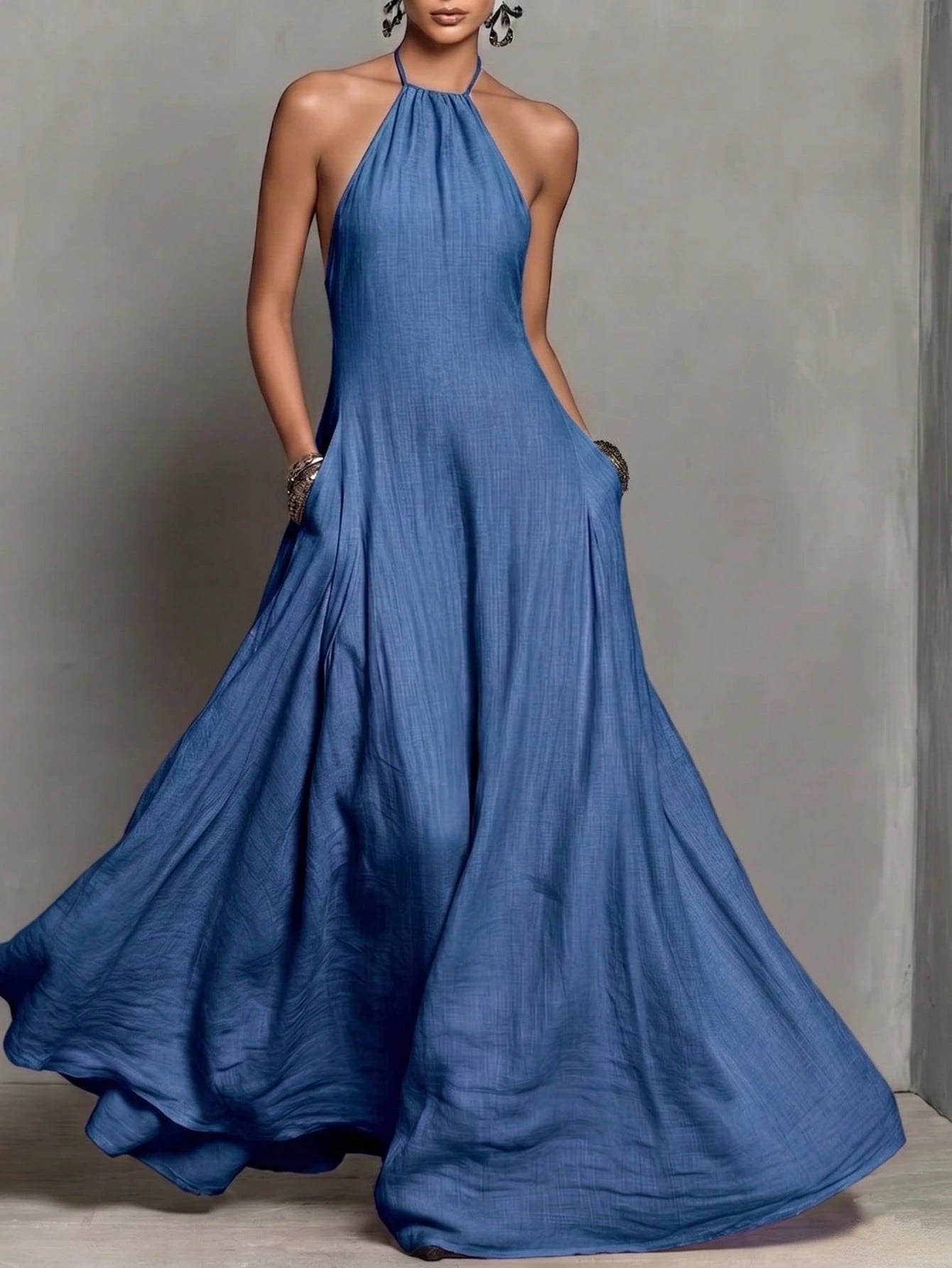 Women's Halter Neck Sleeveless Long Dress With Pockets, Elegant