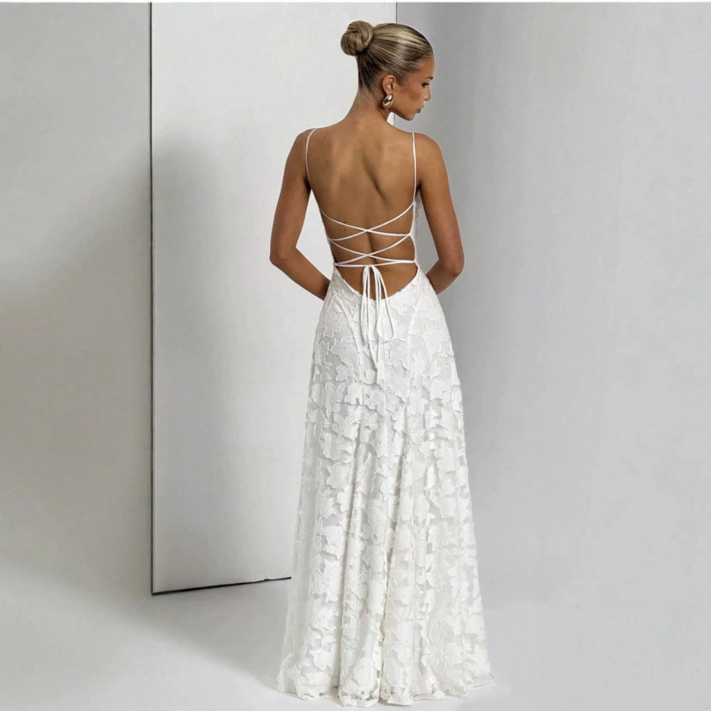 New Lace Backless Spaghetti Strap Elegant Maxi Dress Women Evening