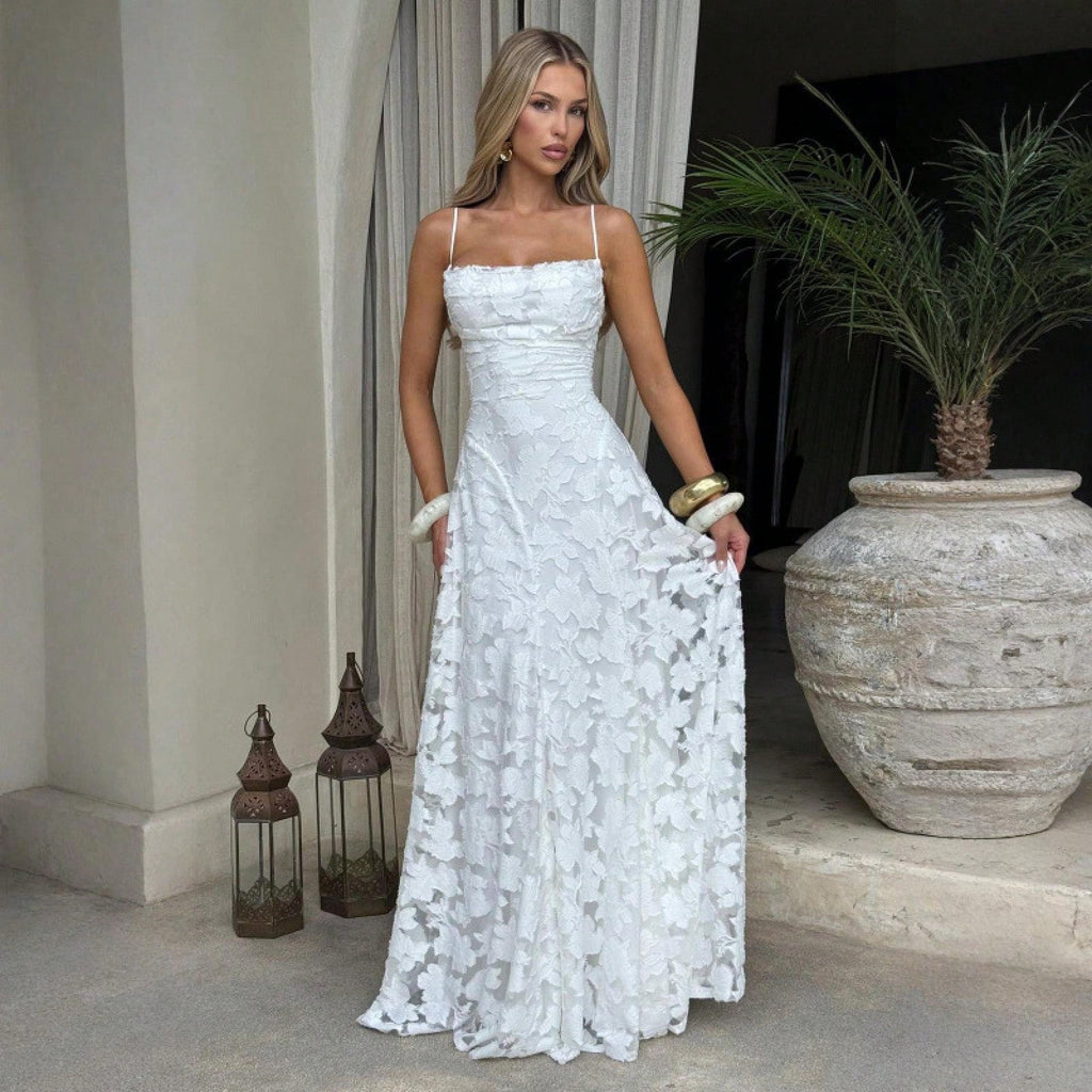 New Lace Backless Spaghetti Strap Elegant Maxi Dress Women Evening