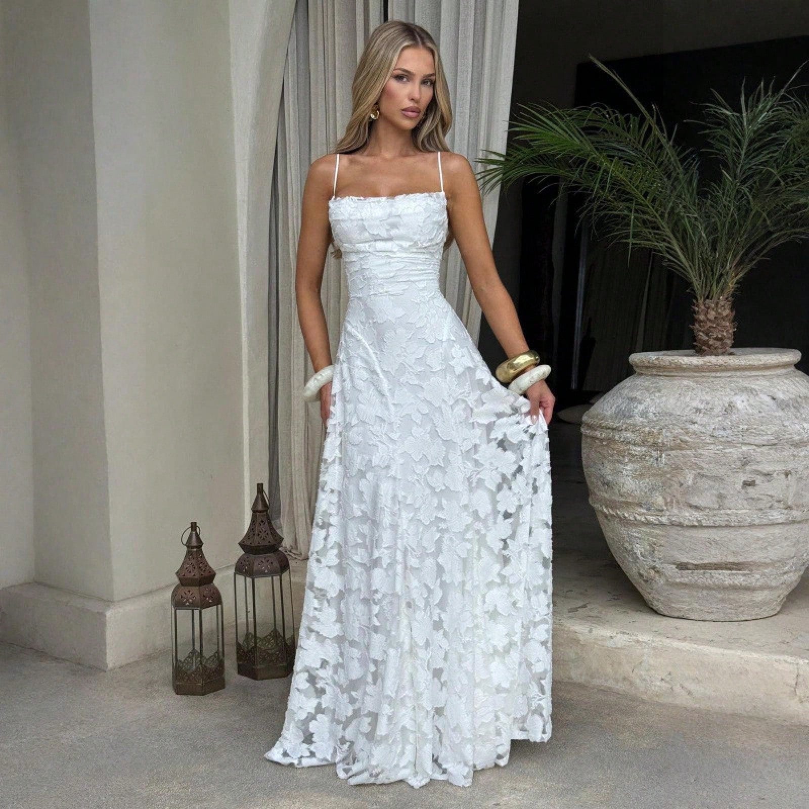 New Lace Backless Spaghetti Strap Elegant Maxi Dress Women Evening