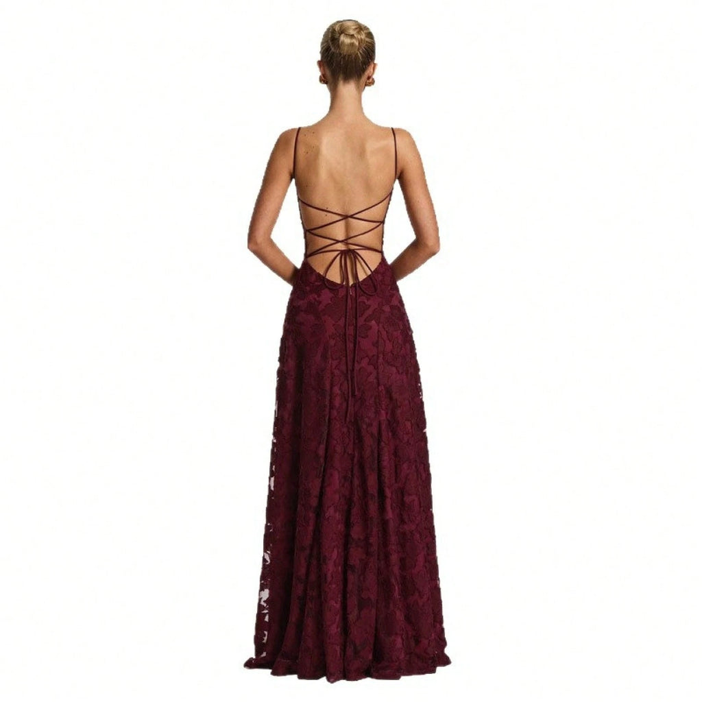 New Lace Backless Spaghetti Strap Elegant Maxi Dress Women Evening