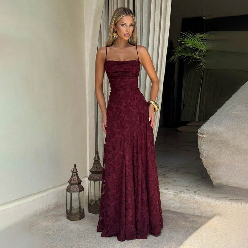 New Lace Backless Spaghetti Strap Elegant Maxi Dress Women Evening