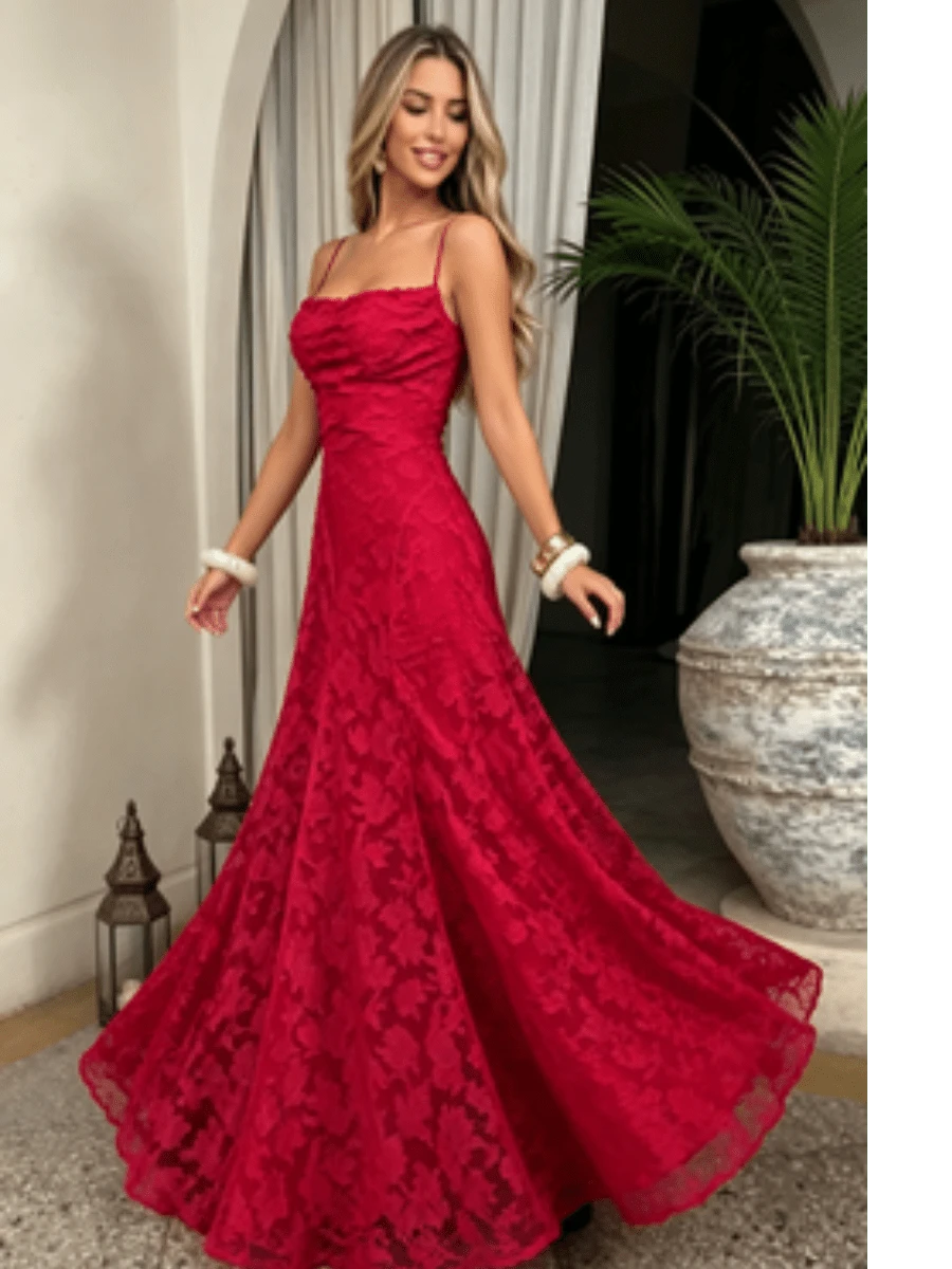 New Lace Backless Spaghetti Strap Elegant Maxi Dress Women Evening