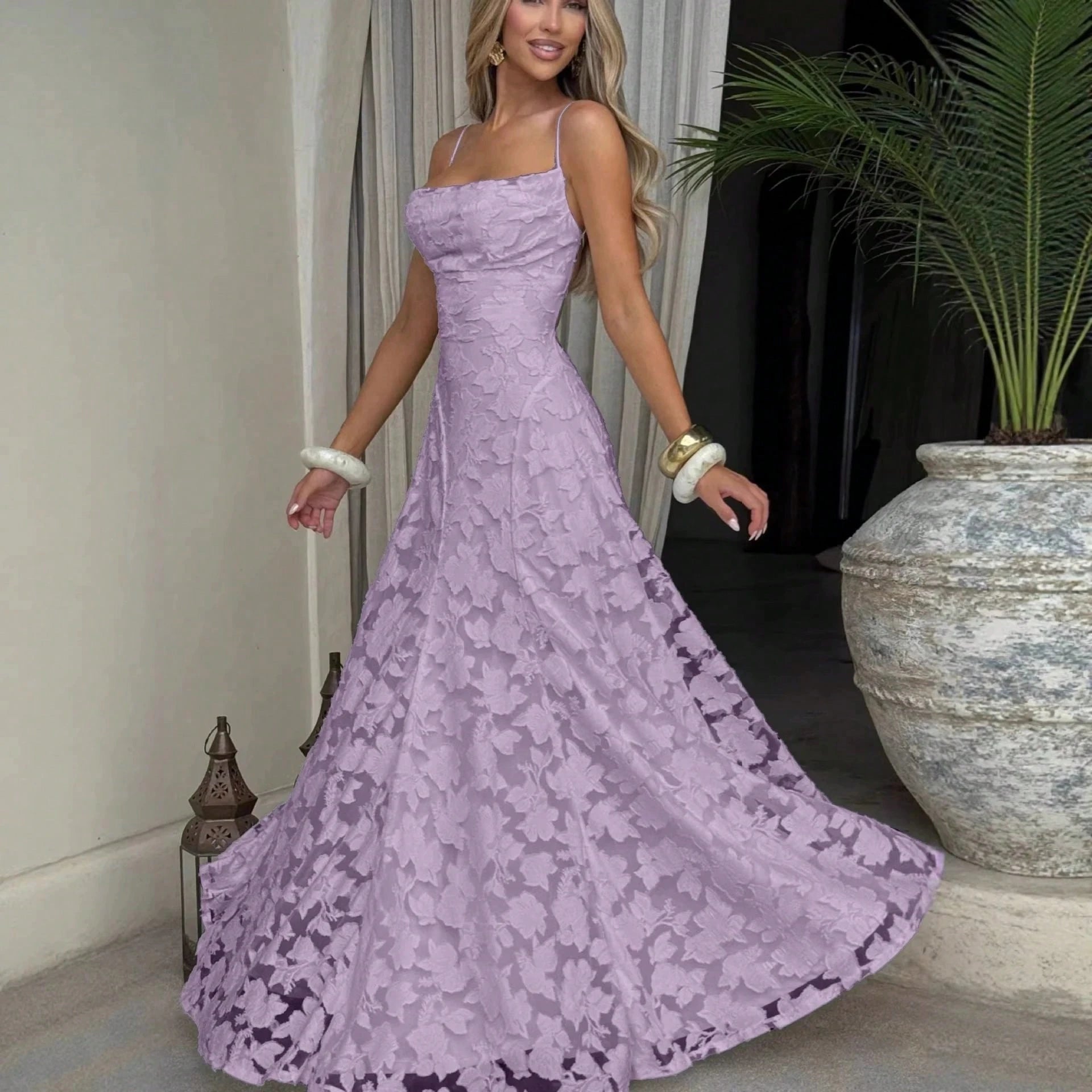 New Lace Backless Spaghetti Strap Elegant Maxi Dress Women Evening Formal Dress - image 8