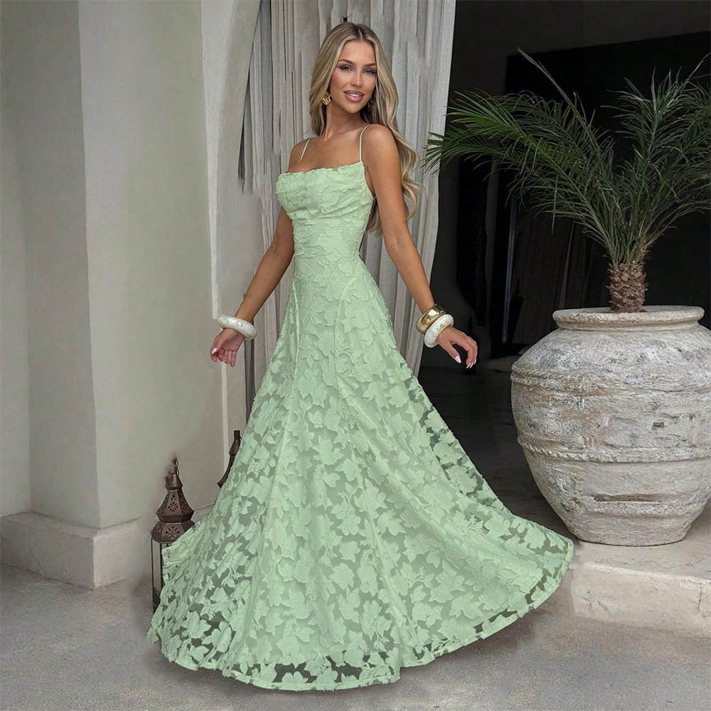 New Lace Backless Spaghetti Strap Elegant Maxi Dress Women Evening