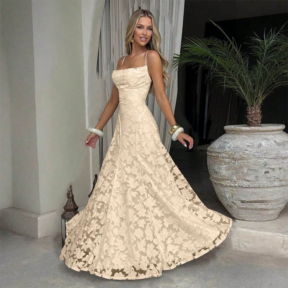 New Lace Backless Spaghetti Strap Elegant Maxi Dress Women Evening