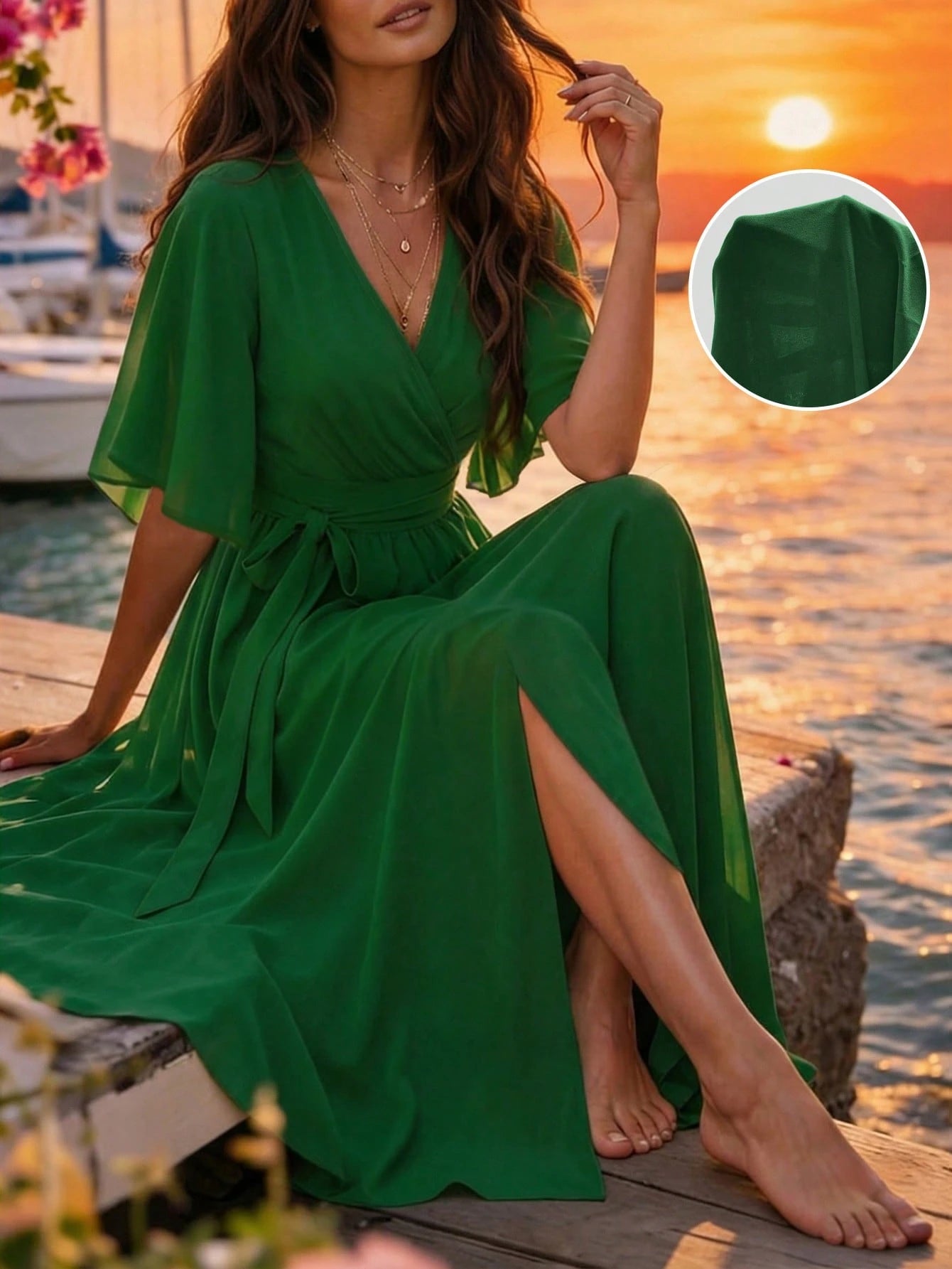 LUNE V-Neck Draped Short Sleeve Tie-Waist Dress With Side Slit For Women - image 6