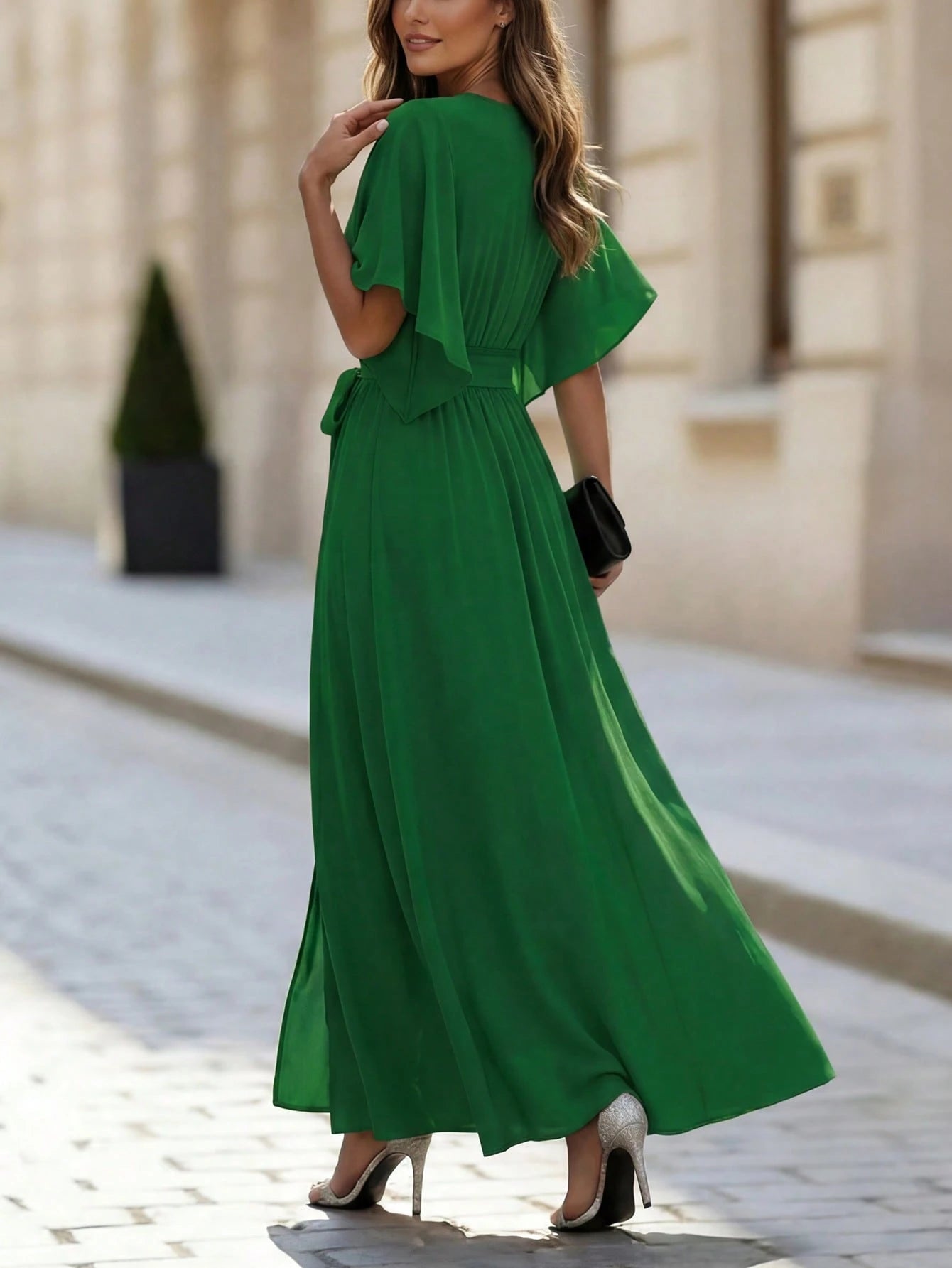 LUNE V-Neck Draped Short Sleeve Tie-Waist Dress With Side Slit For