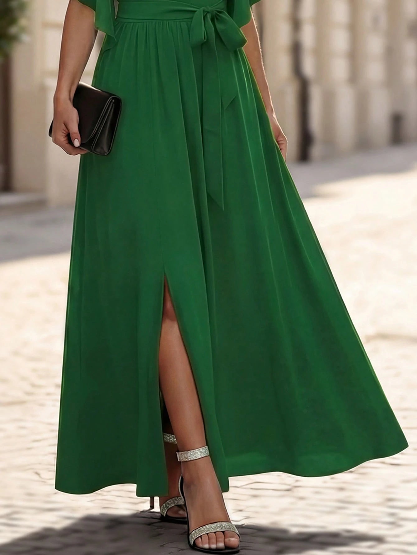 LUNE V-Neck Draped Short Sleeve Tie-Waist Dress With Side Slit For