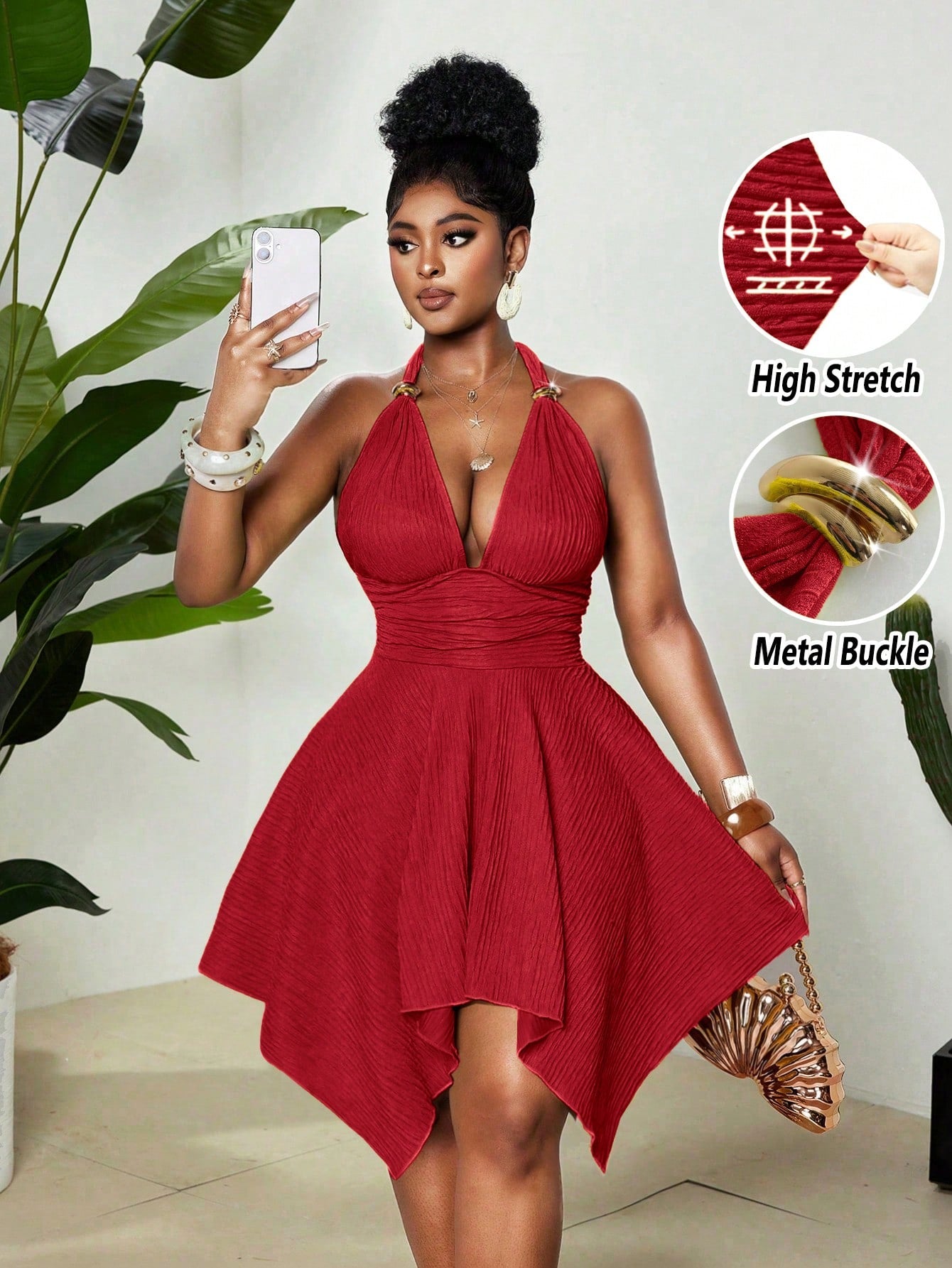 Women's 70s Elegant Jacquard Knit High Stretch Halter Neck Dress,Orange Red Summer Party Backless Dress,Metal - image 11