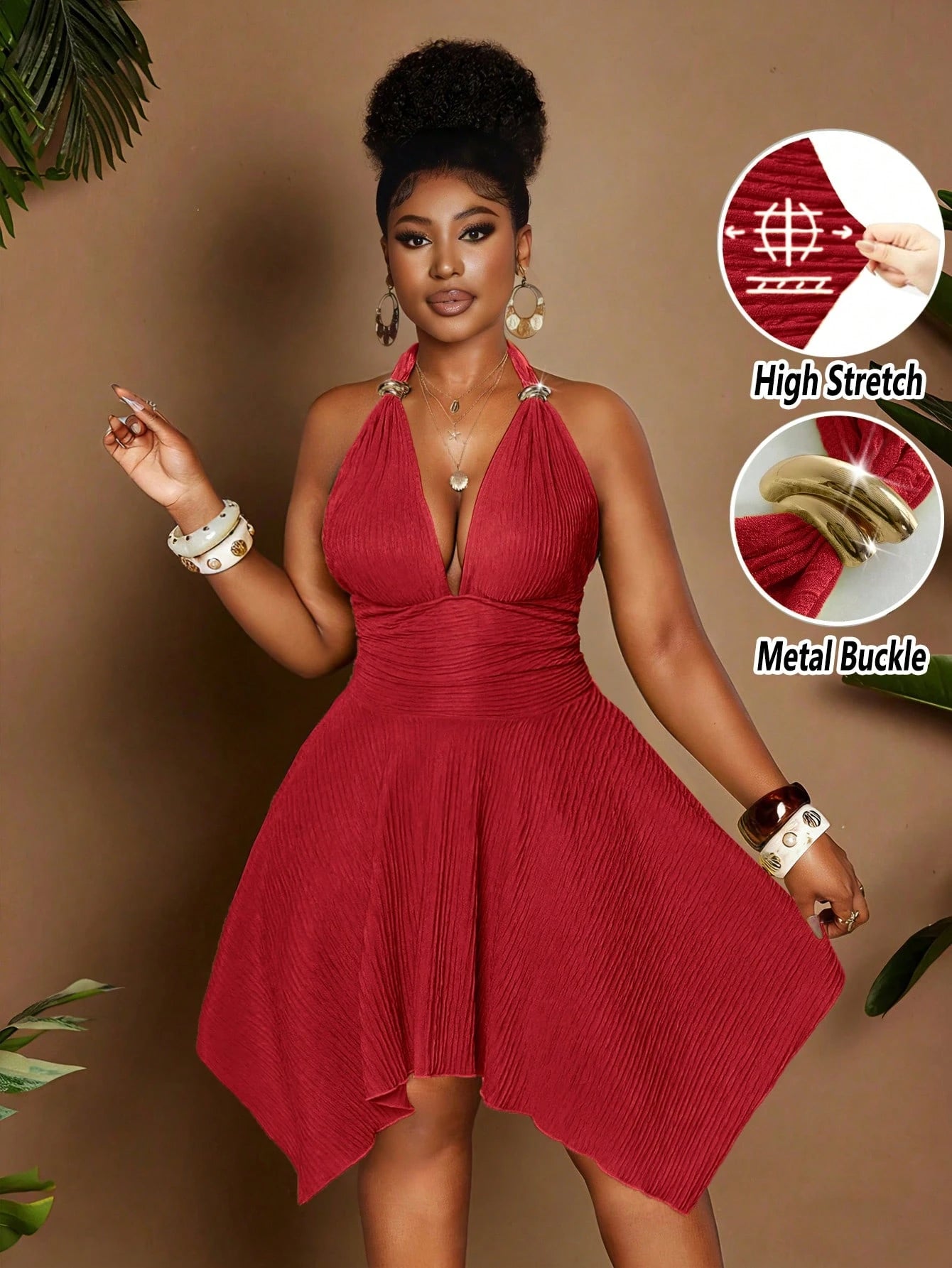 Women's 70s Elegant Jacquard Knit High Stretch Halter Neck Dress,Orange Red Summer Party Backless Dress,Metal - image 18
