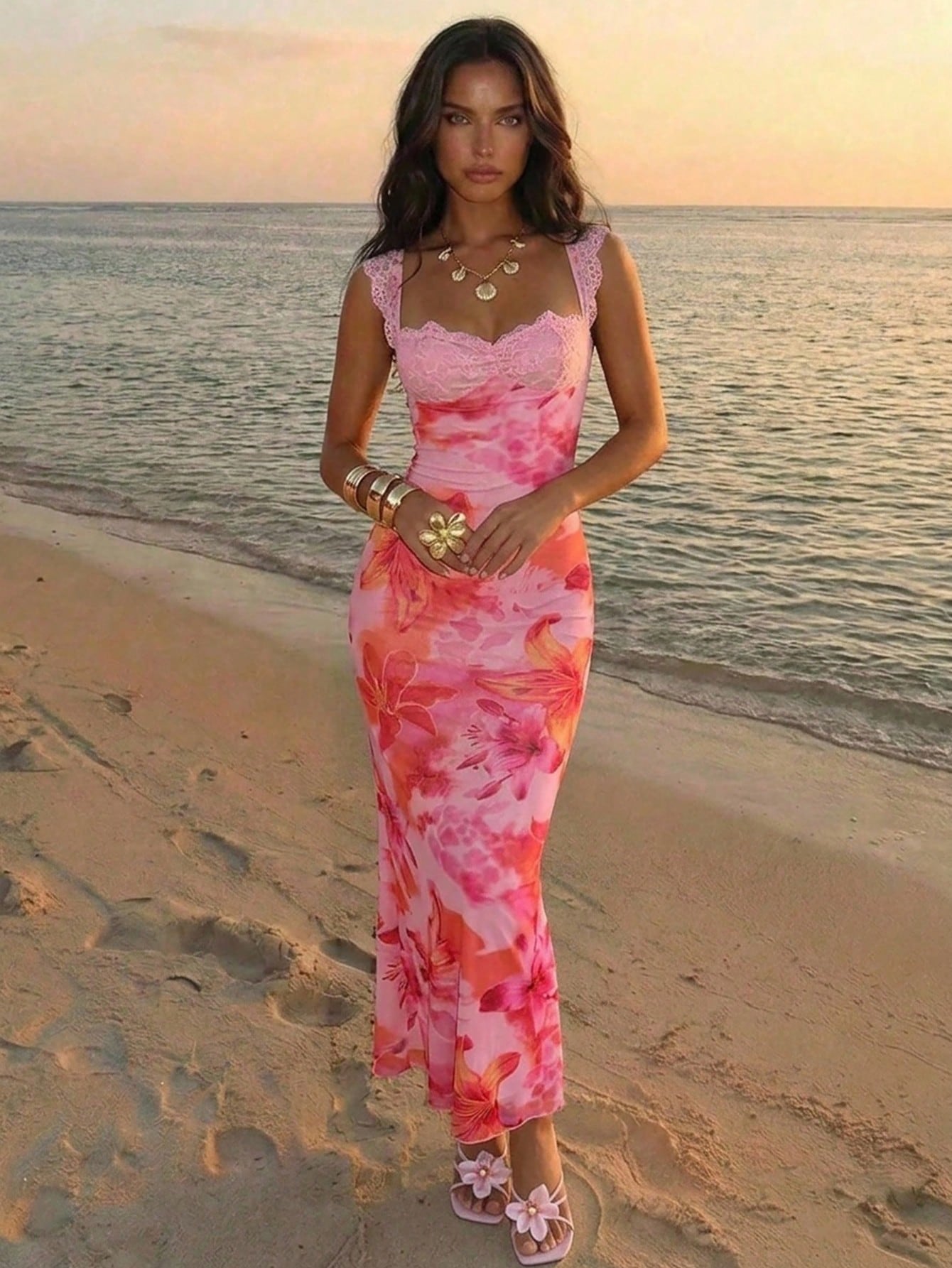 Aloruh Cream Yellow Gradient Floral Mesh Bodycon Backless Summer