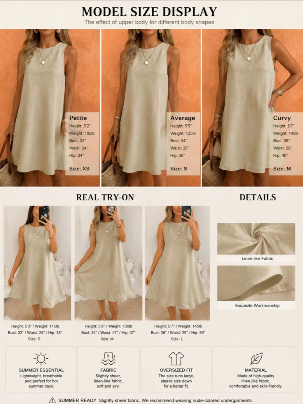Starfish Women's Fashionable Versatile Minimalist Elegant Khaki Round Neck Sleeveless Dress, Suitable For - image 9