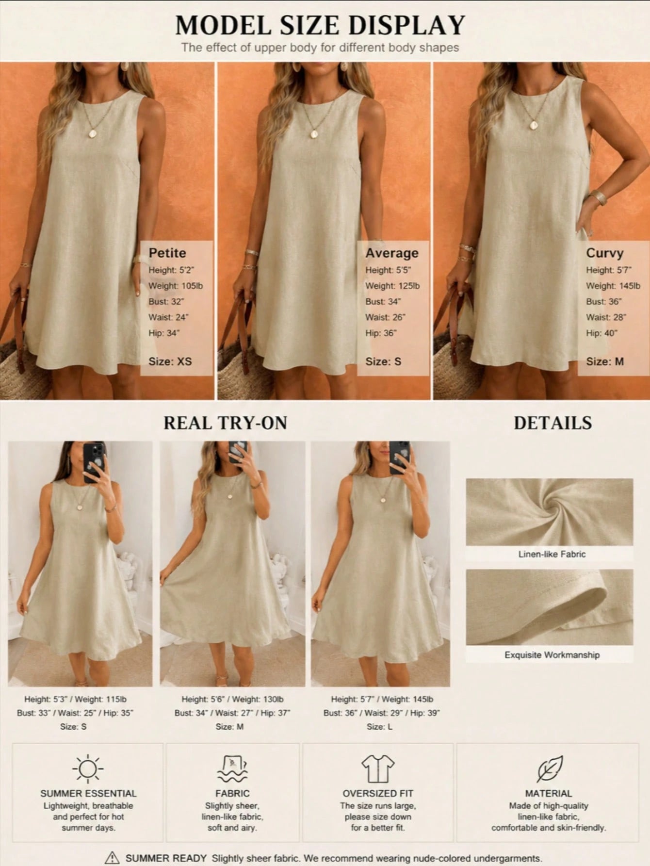 Starfish Women's Fashionable Versatile Minimalist Elegant Khaki Round Neck Sleeveless Dress, Suitable For - image 9