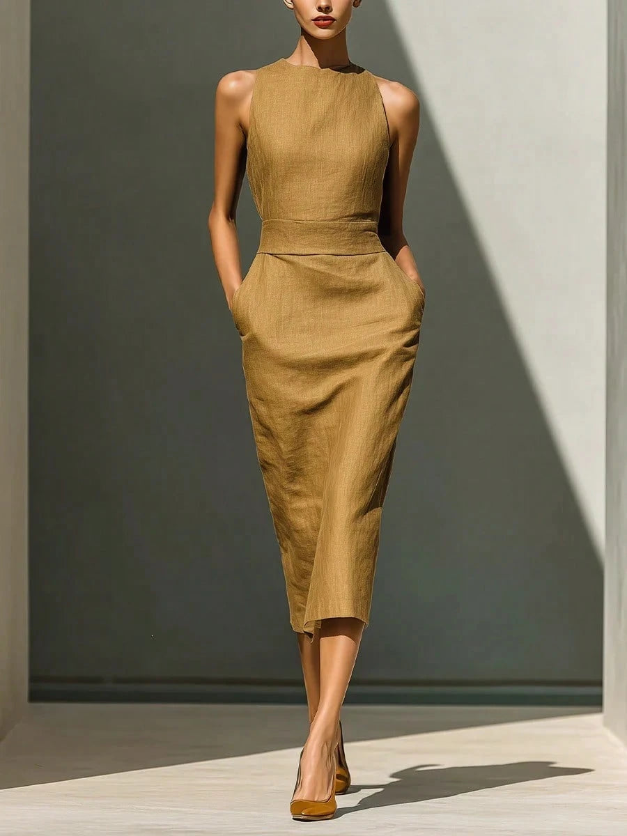 Solid Linen Pocket Midi Dress, Elegant Minimalist Style, Natural Textured Linen Material, Halter Round Neck - image 3