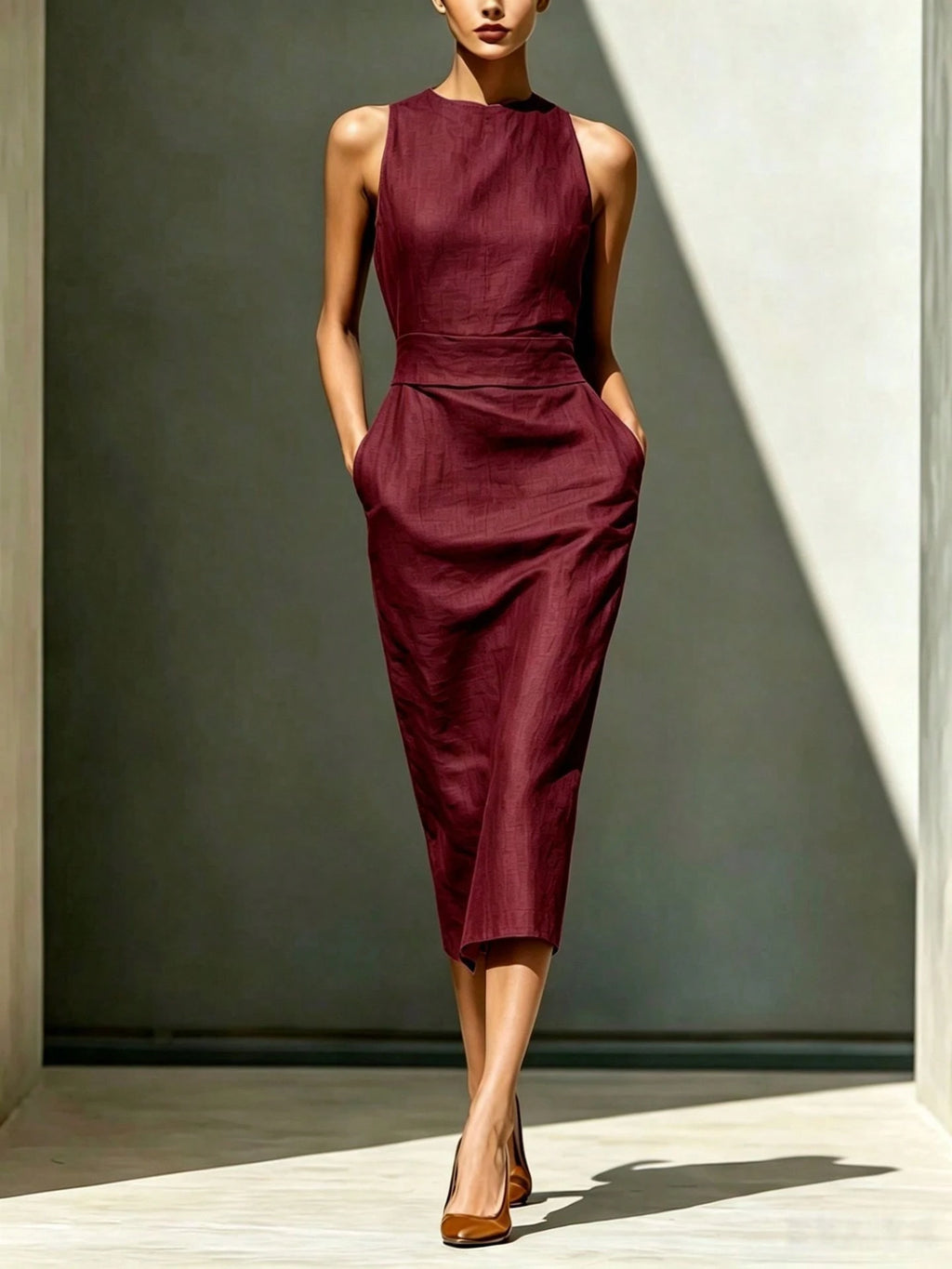 Solid Linen Pocket Midi Dress, Elegant Minimalist Style, Natural Textured Linen Material, Halter Round Neck - image 12